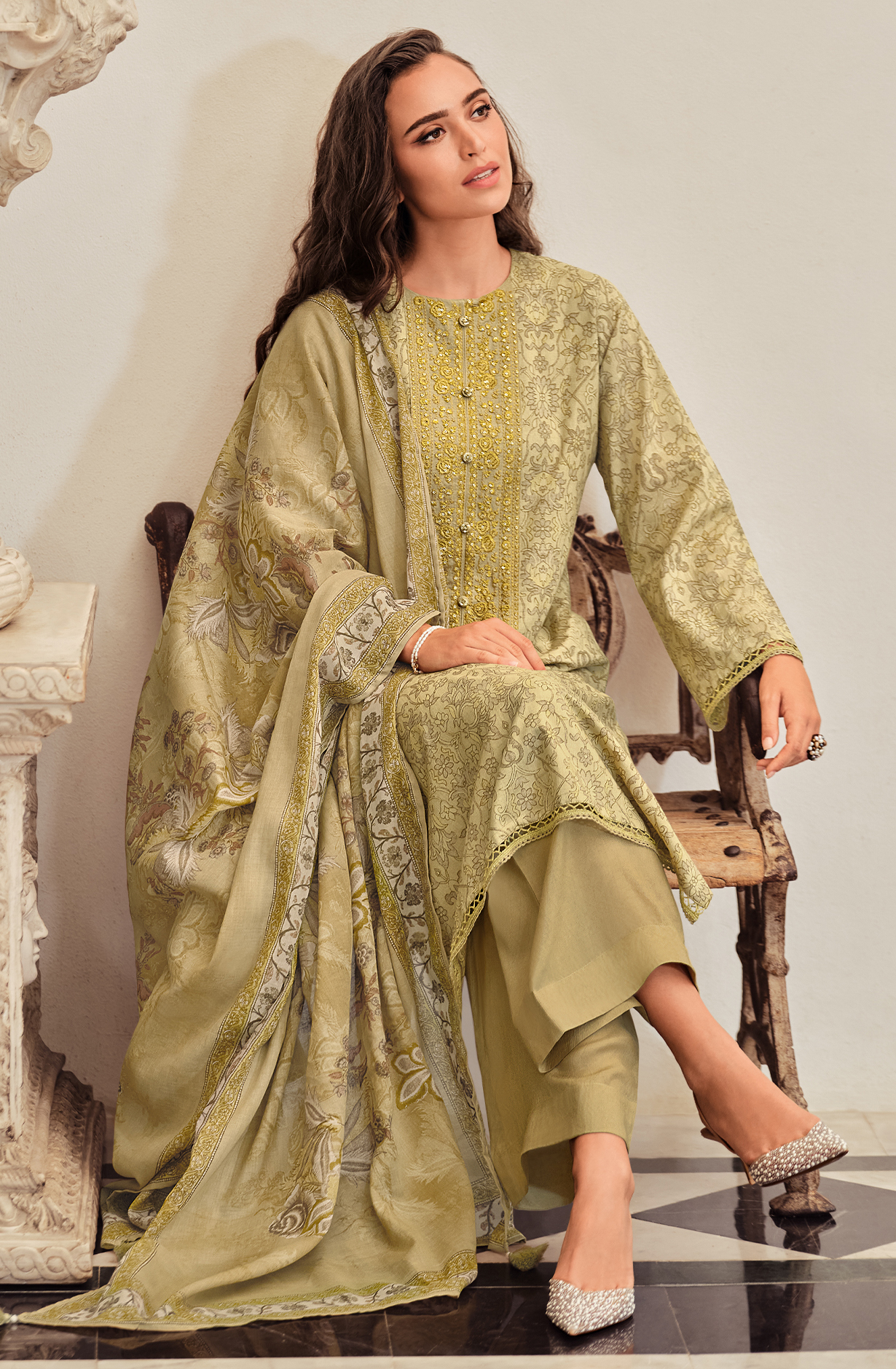 Mehndi Green Cotton Digital Printed Lace Work Unstitched Salwar Kameez - AVY01
