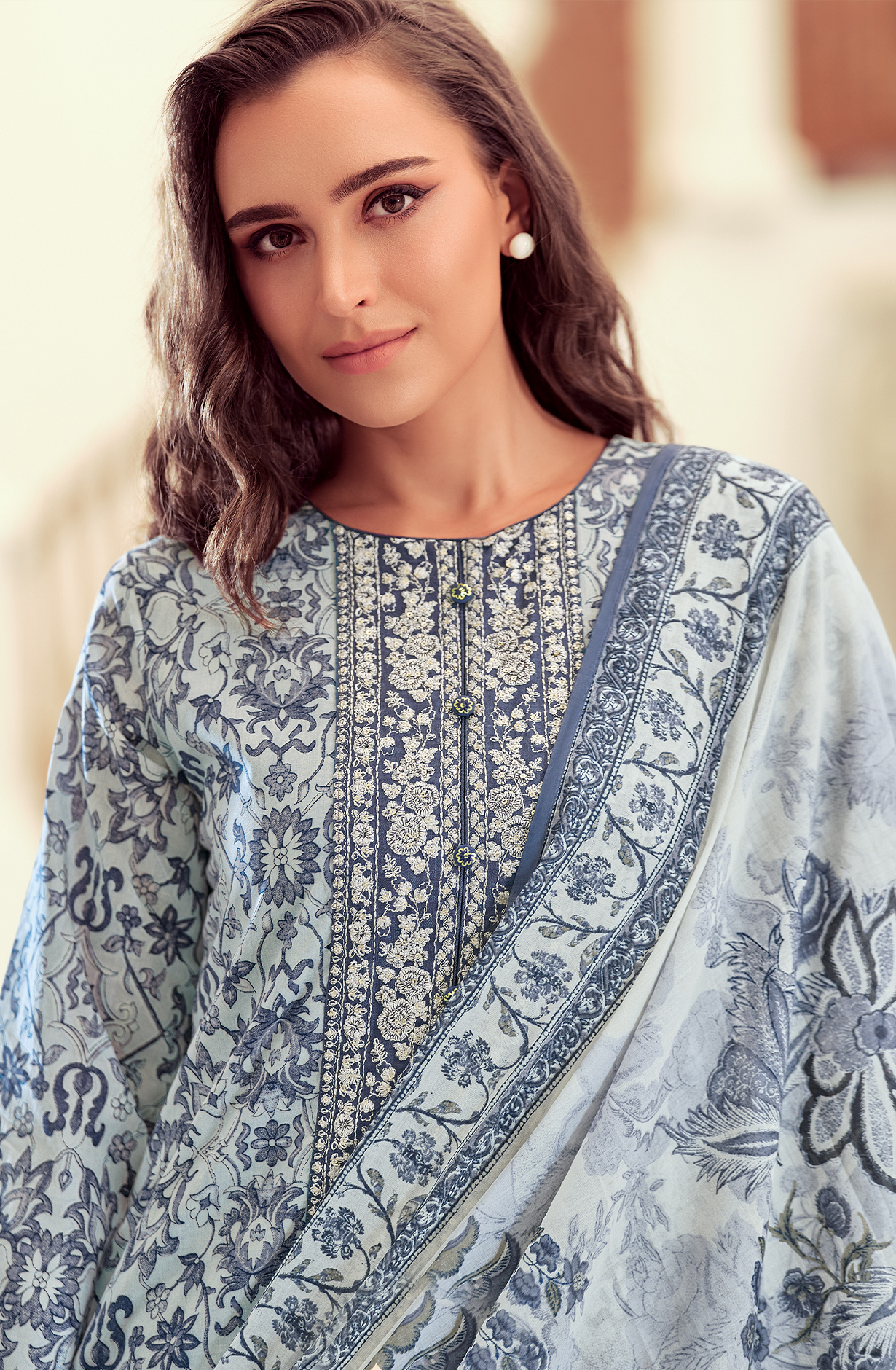 Off-white Blue Cotton Digital Printed Lace Work Unstitched Salwar Kameez - AVY04