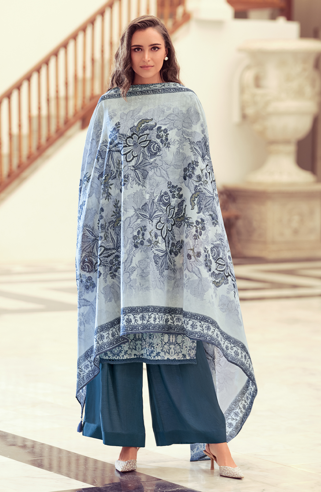 Off-white Blue Cotton Digital Printed Lace Work Unstitched Salwar Kameez - AVY04