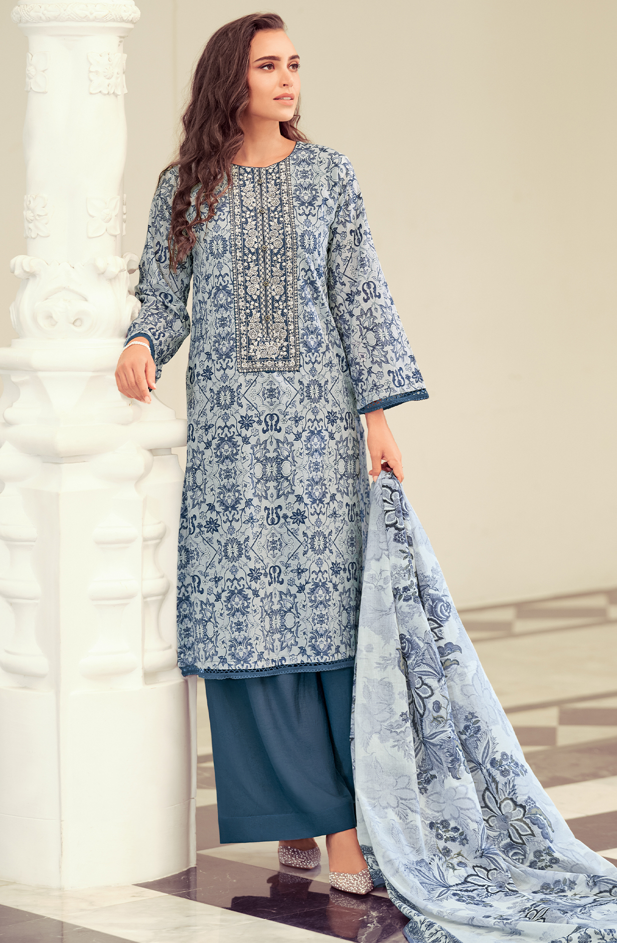 Off-white Blue Cotton Digital Printed Lace Work Unstitched Salwar Kameez - AVY04