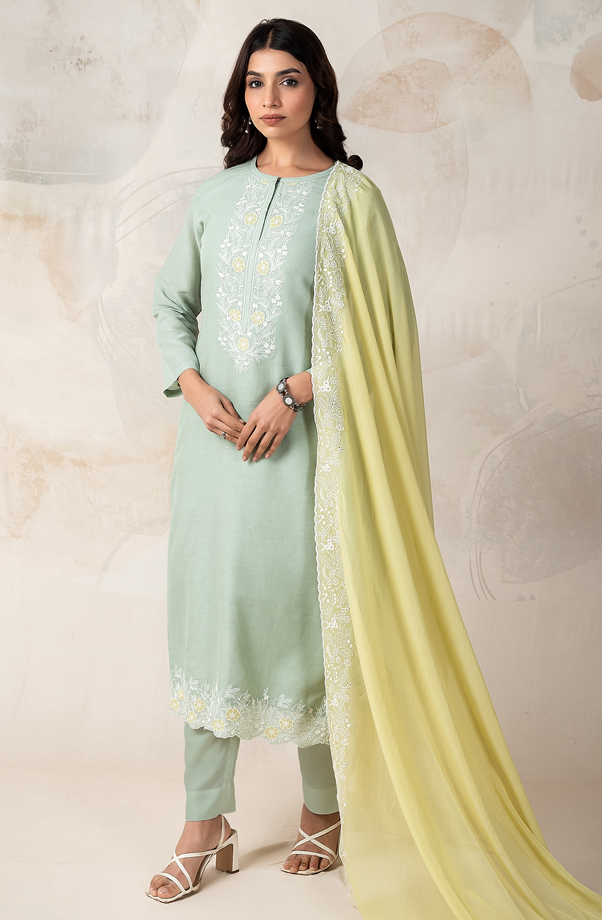 Sea Green LUXE Linen Embroidered Salwar Kameez with Organza Dupatta - ROC2205C