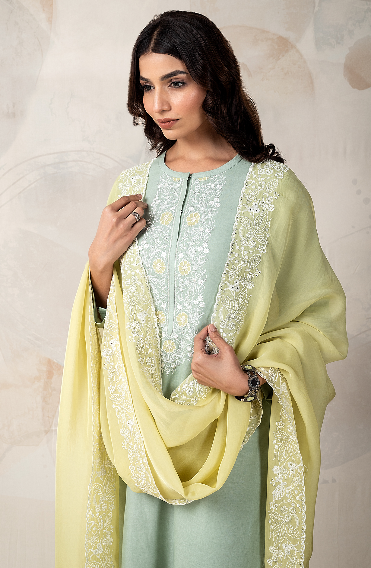 Sea Green LUXE Linen Embroidered Salwar Kameez with Organza Dupatta - ROC2205C