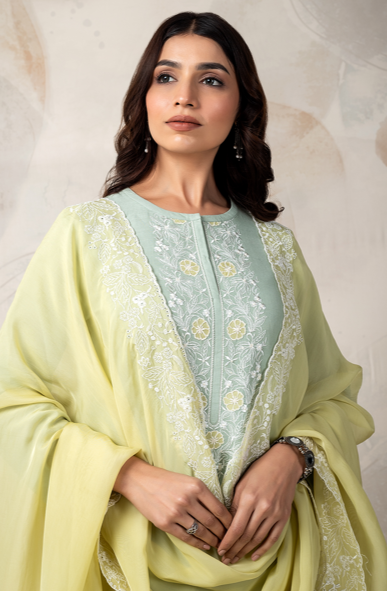 Sea Green LUXE Linen Embroidered Salwar Kameez with Organza Dupatta - ROC2205C