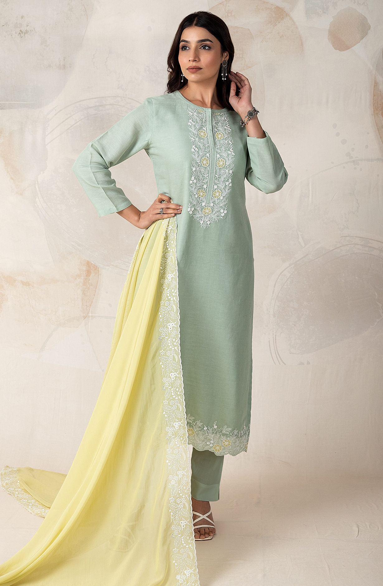 Sea Green LUXE Linen Embroidered Salwar Kameez with Organza Dupatta - ROC2205C