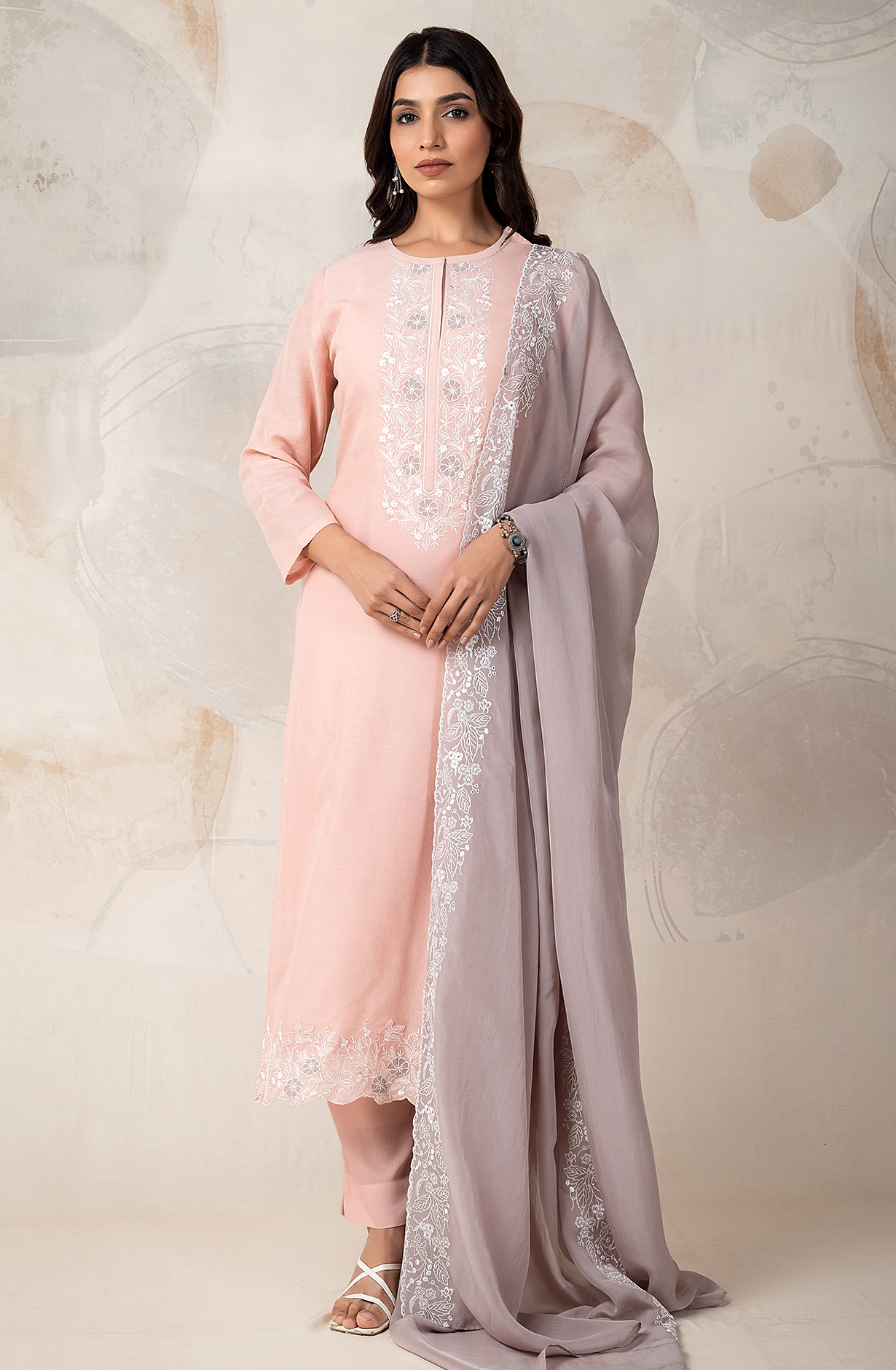 Peach LUXE Linen Embroidered Salwar Kameez with Organza Dupatta - ROC2205B