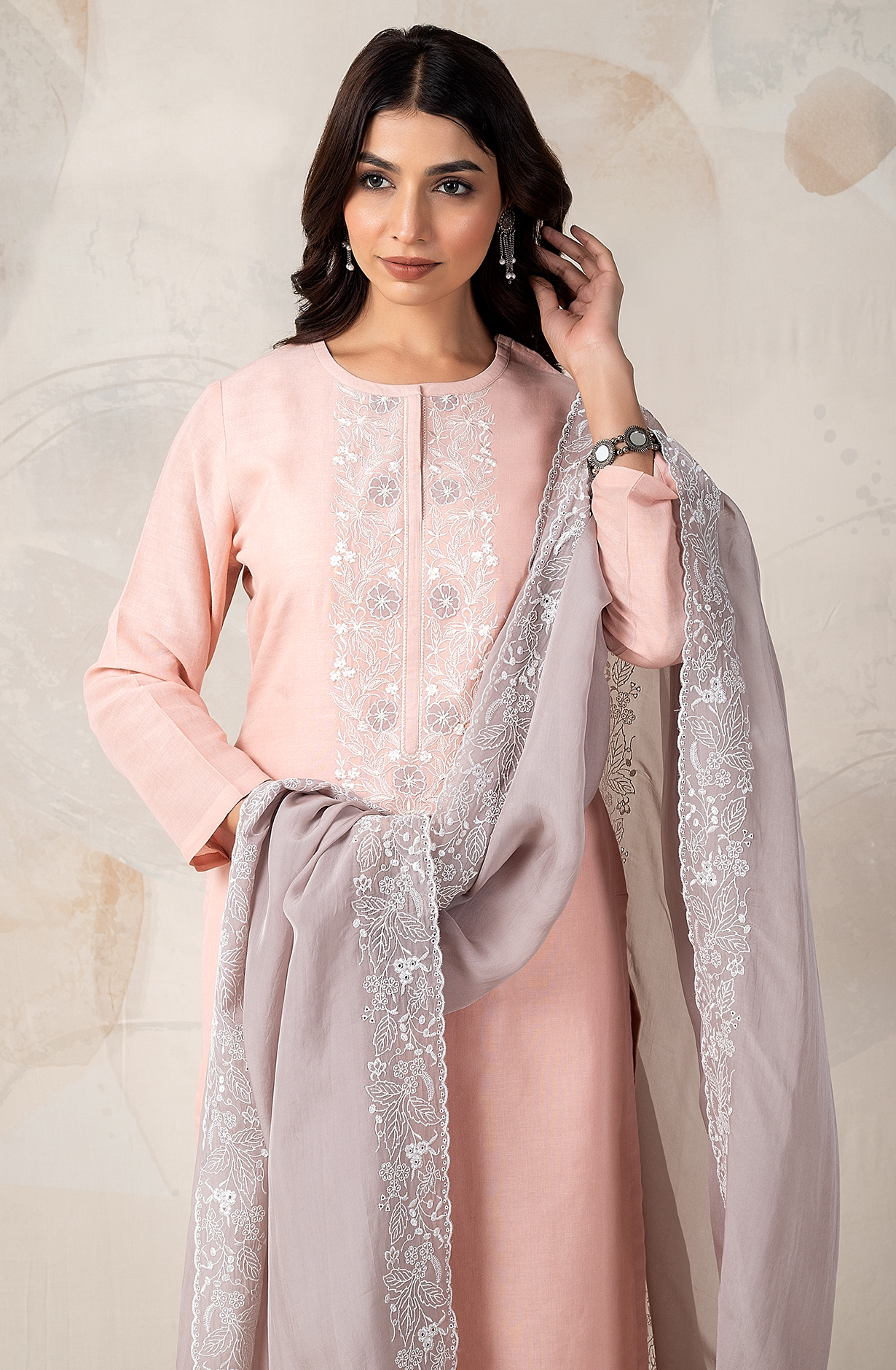 Peach LUXE Linen Embroidered Salwar Kameez with Organza Dupatta - ROC2205B