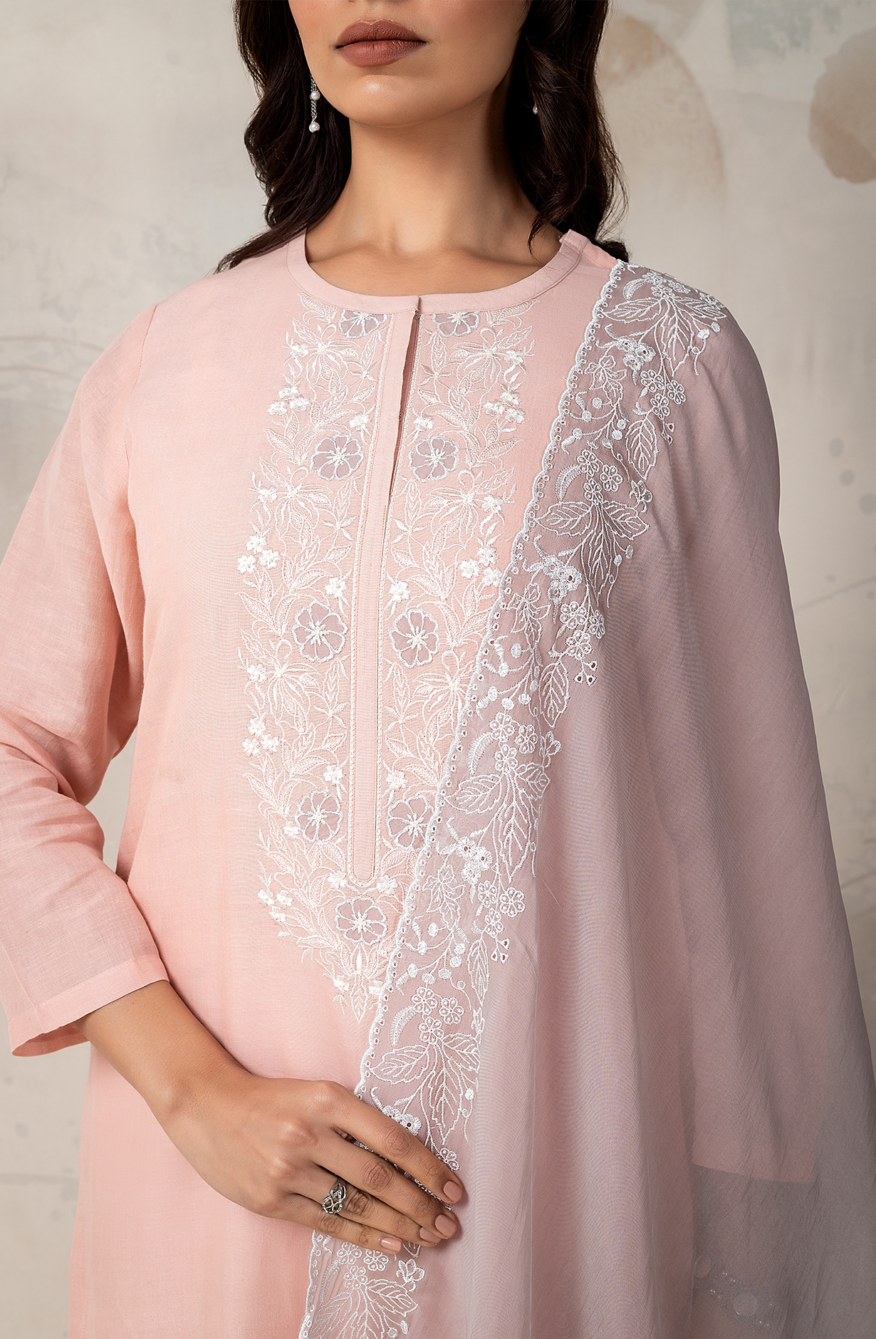 Peach LUXE Linen Embroidered Salwar Kameez with Organza Dupatta - ROC2205B
