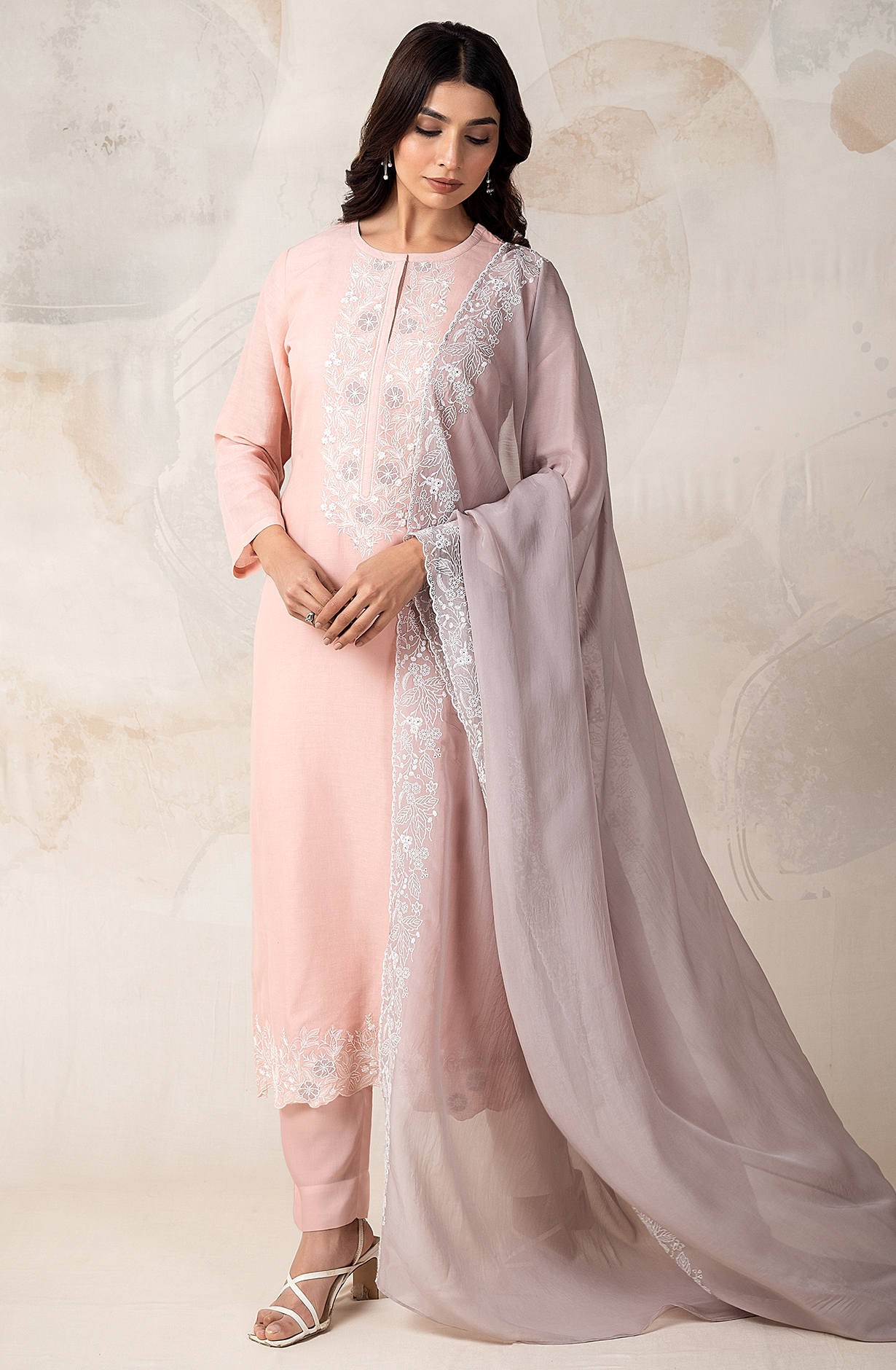 Peach LUXE Linen Embroidered Salwar Kameez with Organza Dupatta - ROC2205B