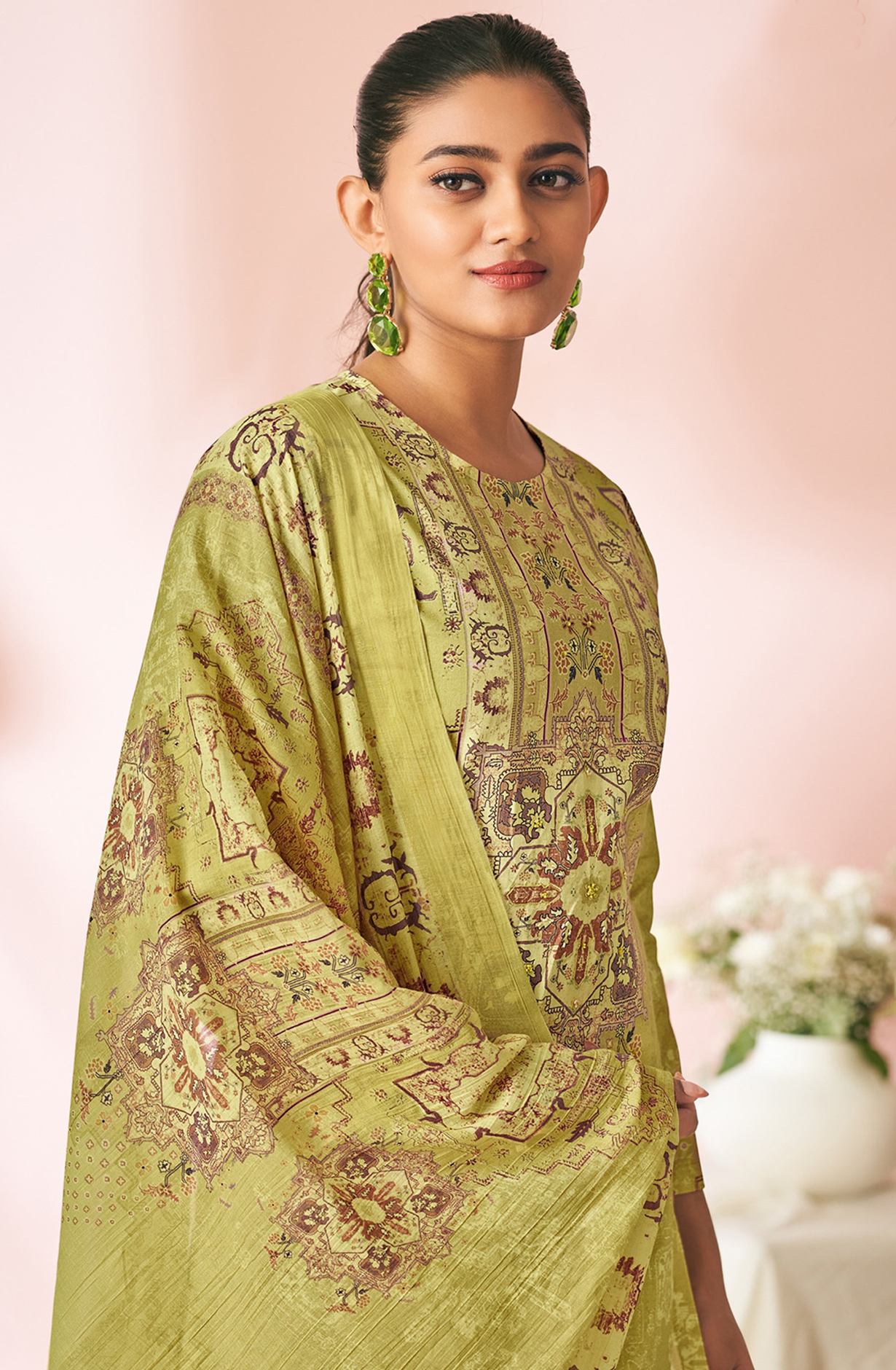 Mehndi Cotton Lawn Suit Set Aric Cotton Dupatta With Hand Work - HAR1689