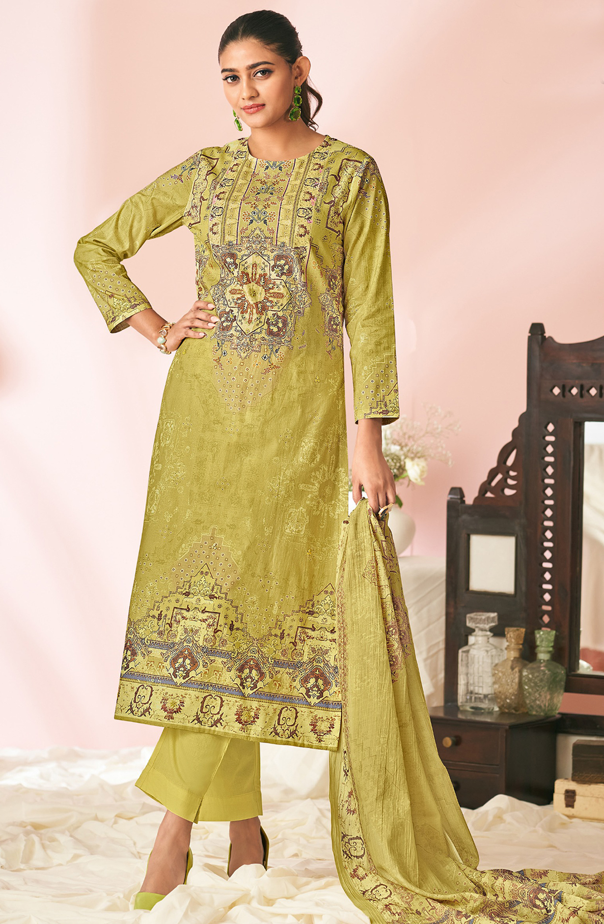 Mehndi Cotton Lawn Suit Set Aric Cotton Dupatta With Hand Work - HAR1689