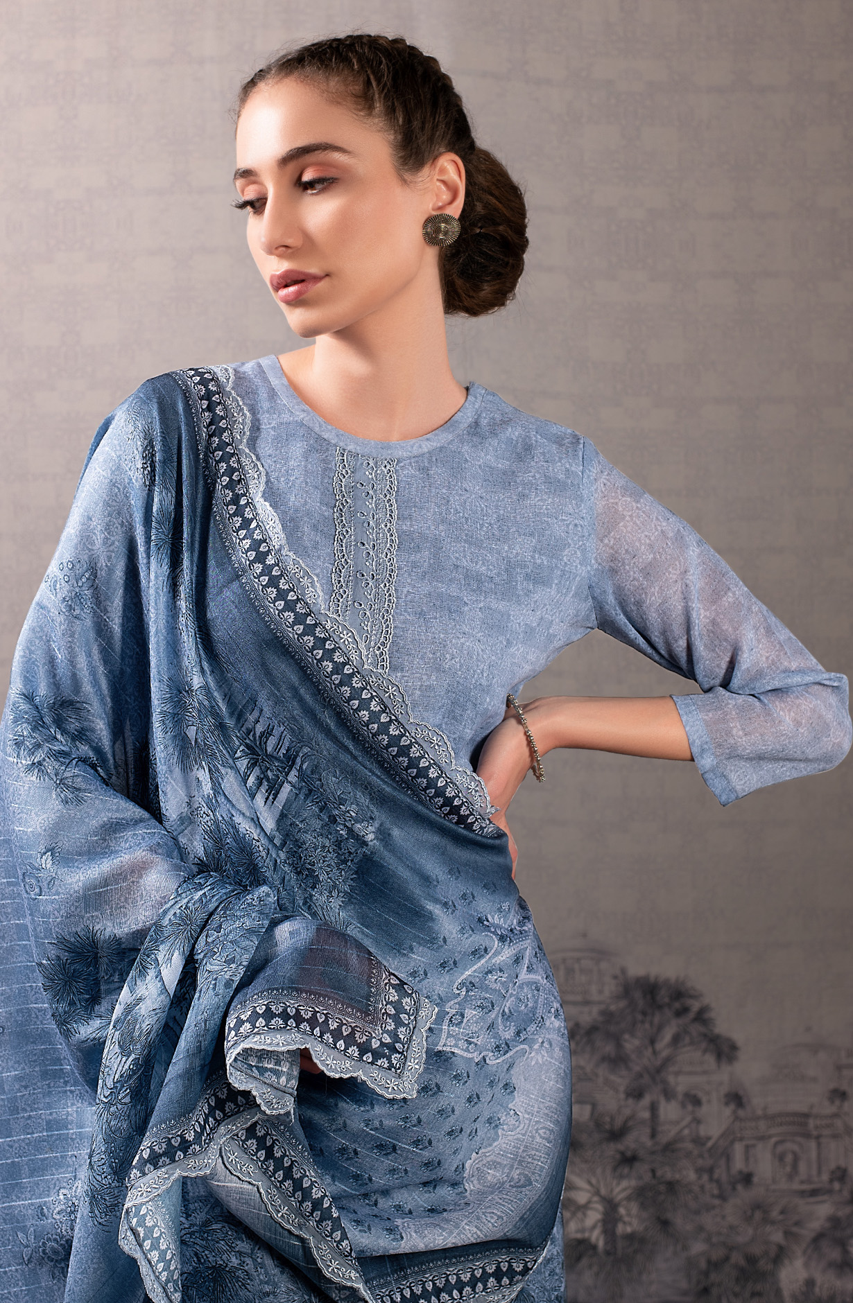 Pastel Blue Linen Beautiful Digital Print with Embroidery Suit-set - BLU1810
