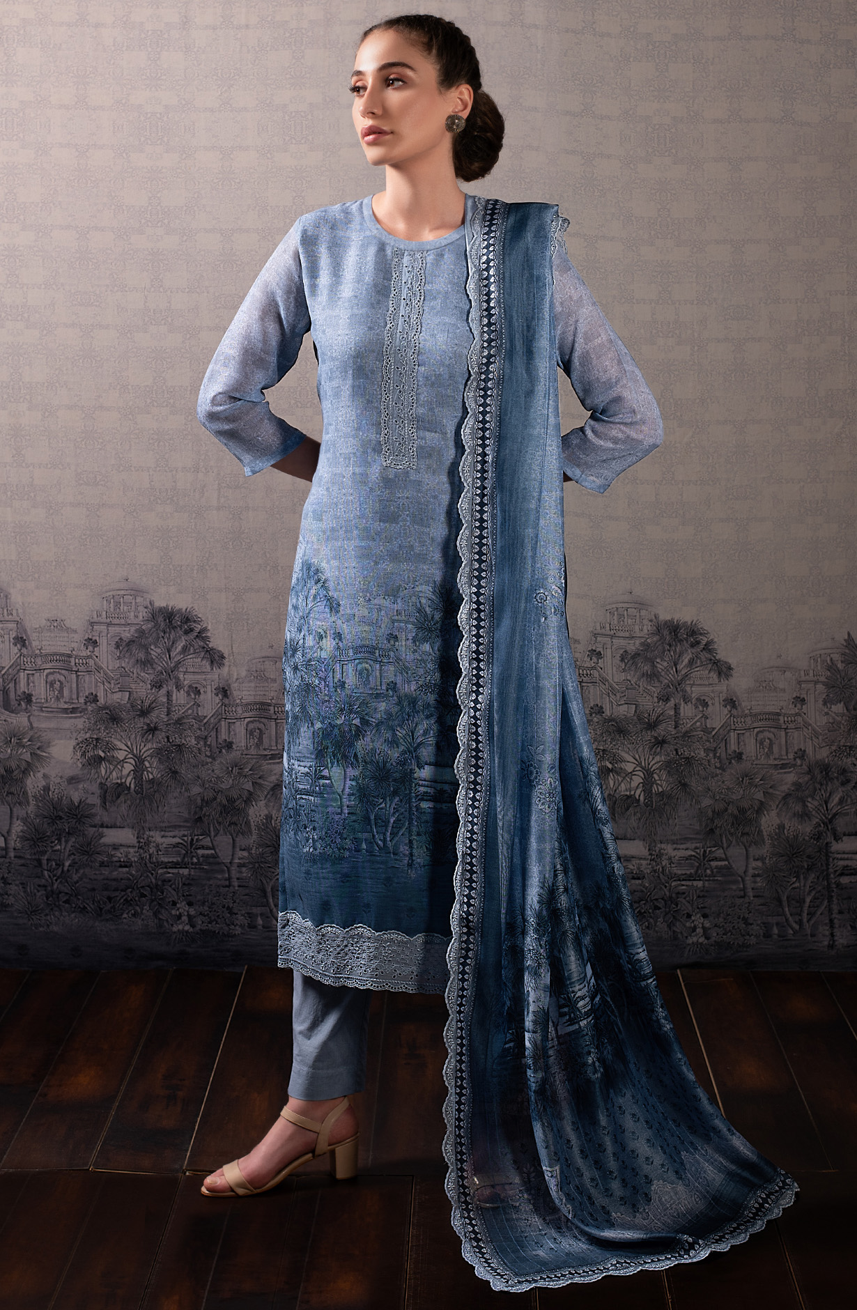 Pastel Blue Linen Beautiful Digital Print with Embroidery Suit-set - BLU1810