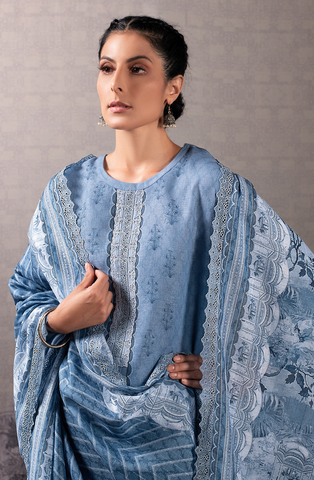 Pastel Blue Linen Beautiful Digital Print with Embroidery Suit-set - BLU1811