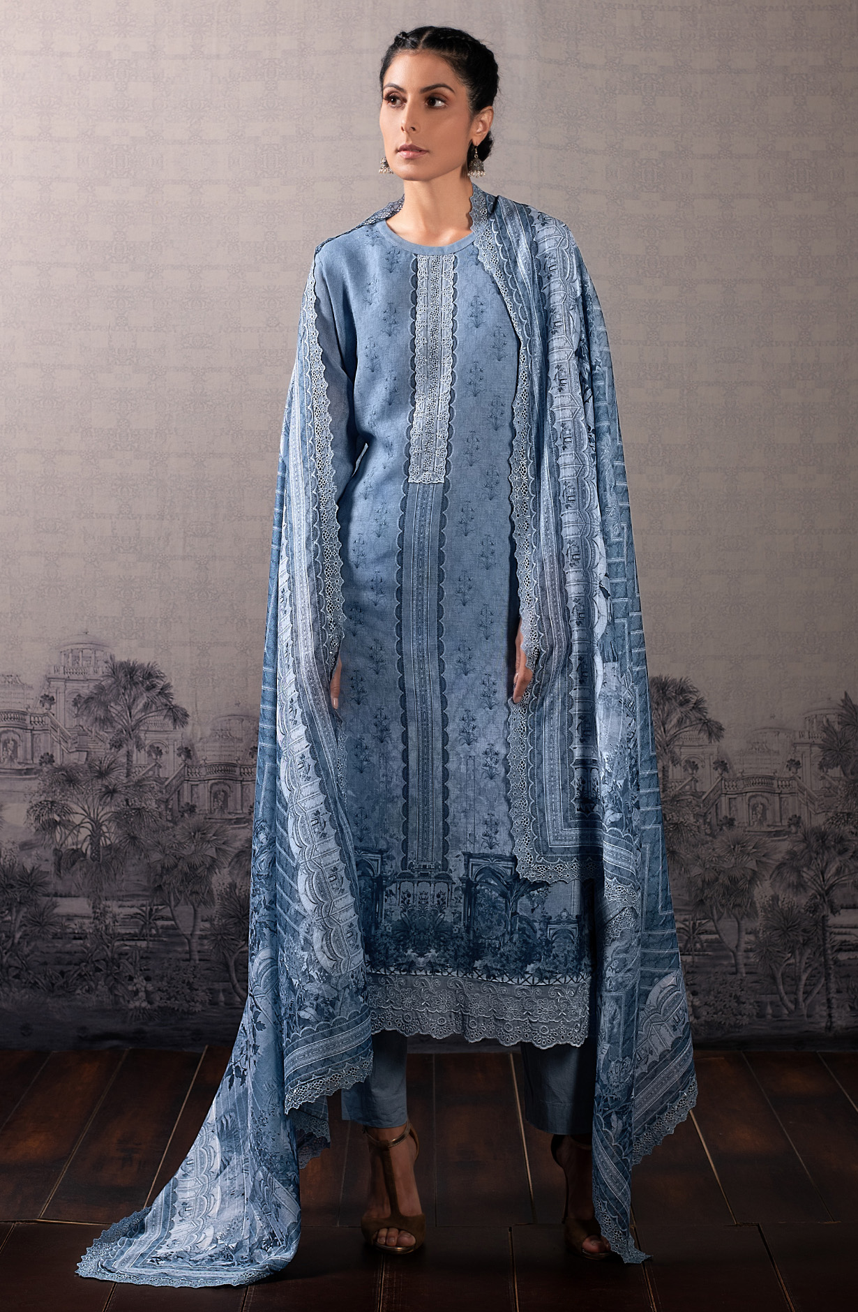 Pastel Blue Linen Beautiful Digital Print with Embroidery Suit-set - BLU1811