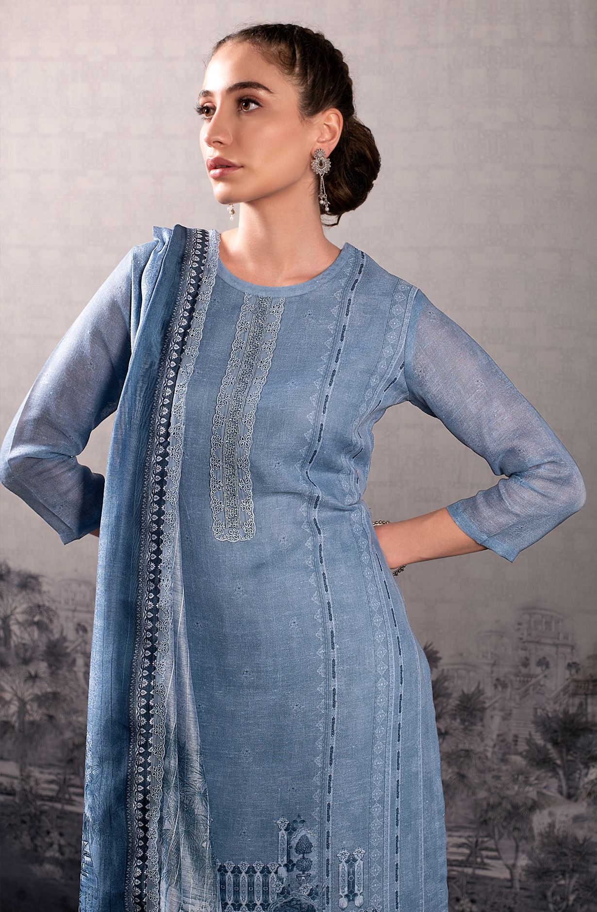Pastel Blue Linen Beautiful Digital Print with Embroidery Suit-set - BLU1812
