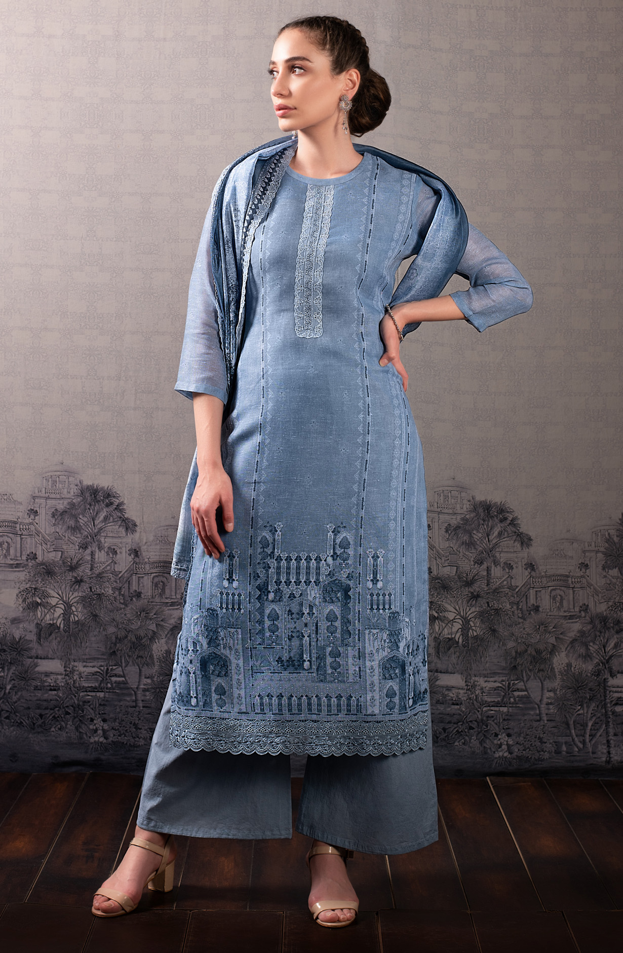 Pastel Blue Linen Beautiful Digital Print with Embroidery Suit-set - BLU1812