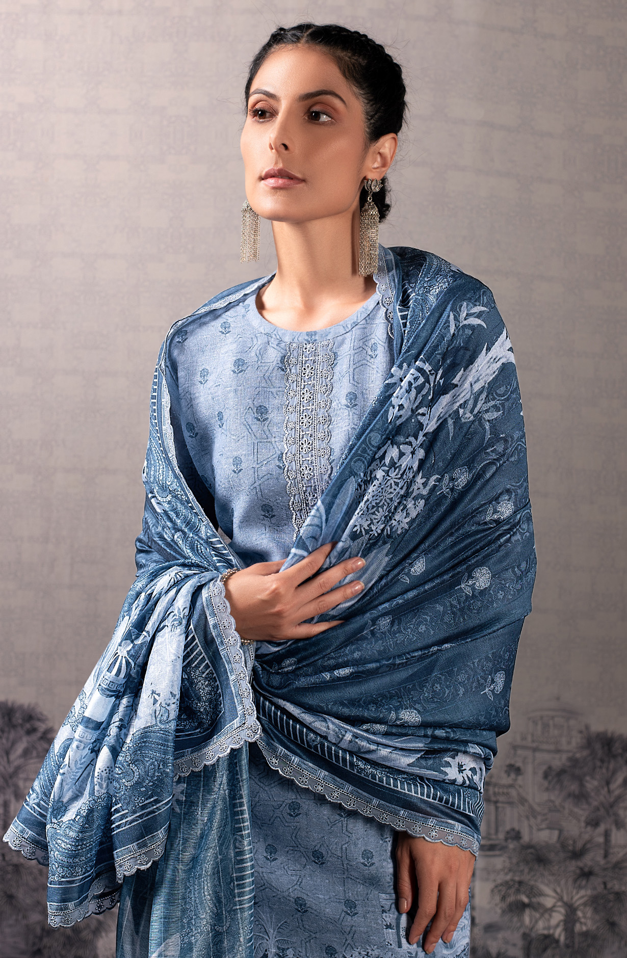 Pastel Blue Linen Unstitched Beautiful Digital Print with Embroidery Suit-set - BLU1813
