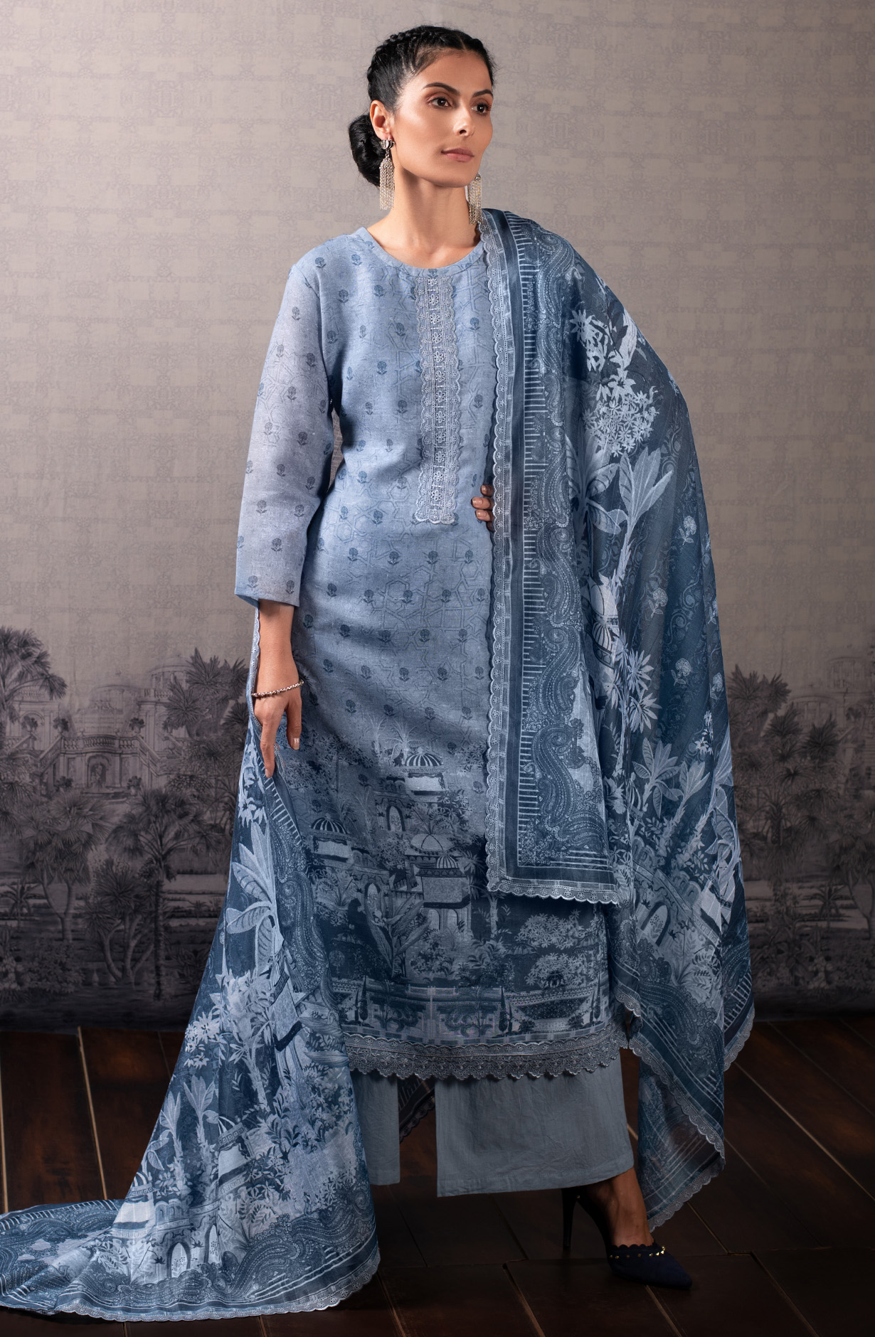Pastel Blue Linen Unstitched Beautiful Digital Print with Embroidery Suit-set - BLU1813