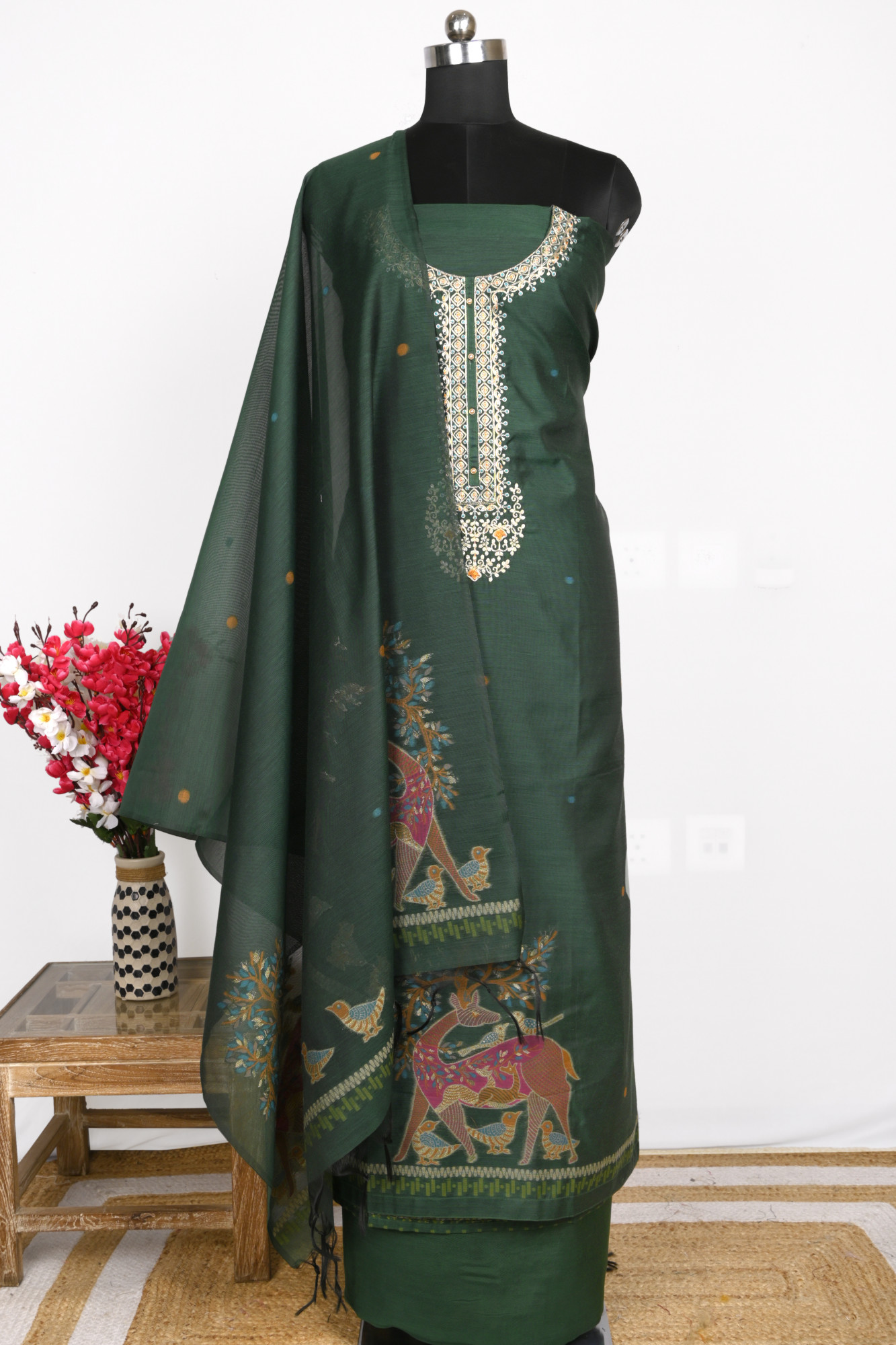 Green Chanderi Suit Set with Beautiful Dupatta - S2VEMY7054B