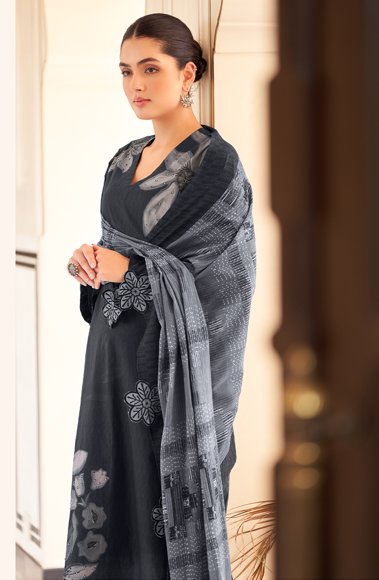 Beautiful Black Cotton Digital Printed Salwar Suit with Handwork - SAN3325