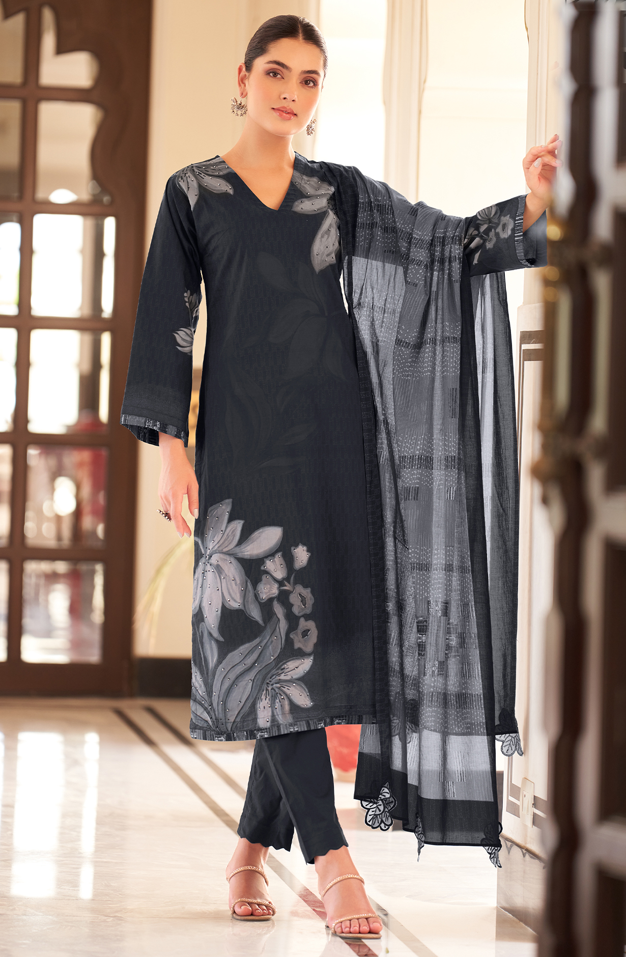 Beautiful Black Cotton Digital Printed Salwar Suit with Handwork - SAN3325