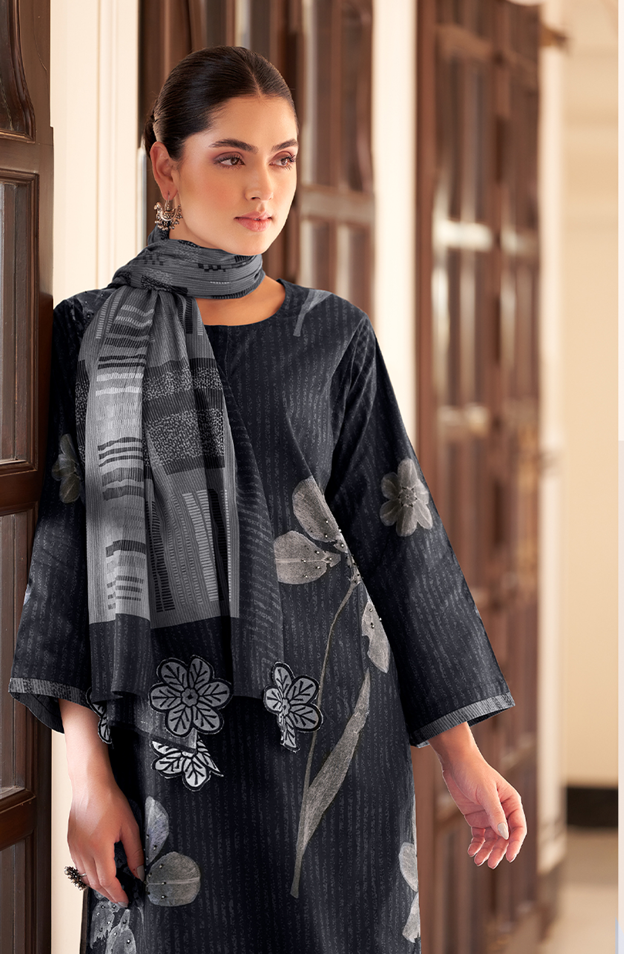 Beautiful Black Cotton Digital Printed Salwar Suit with Handwork - SAN3391
