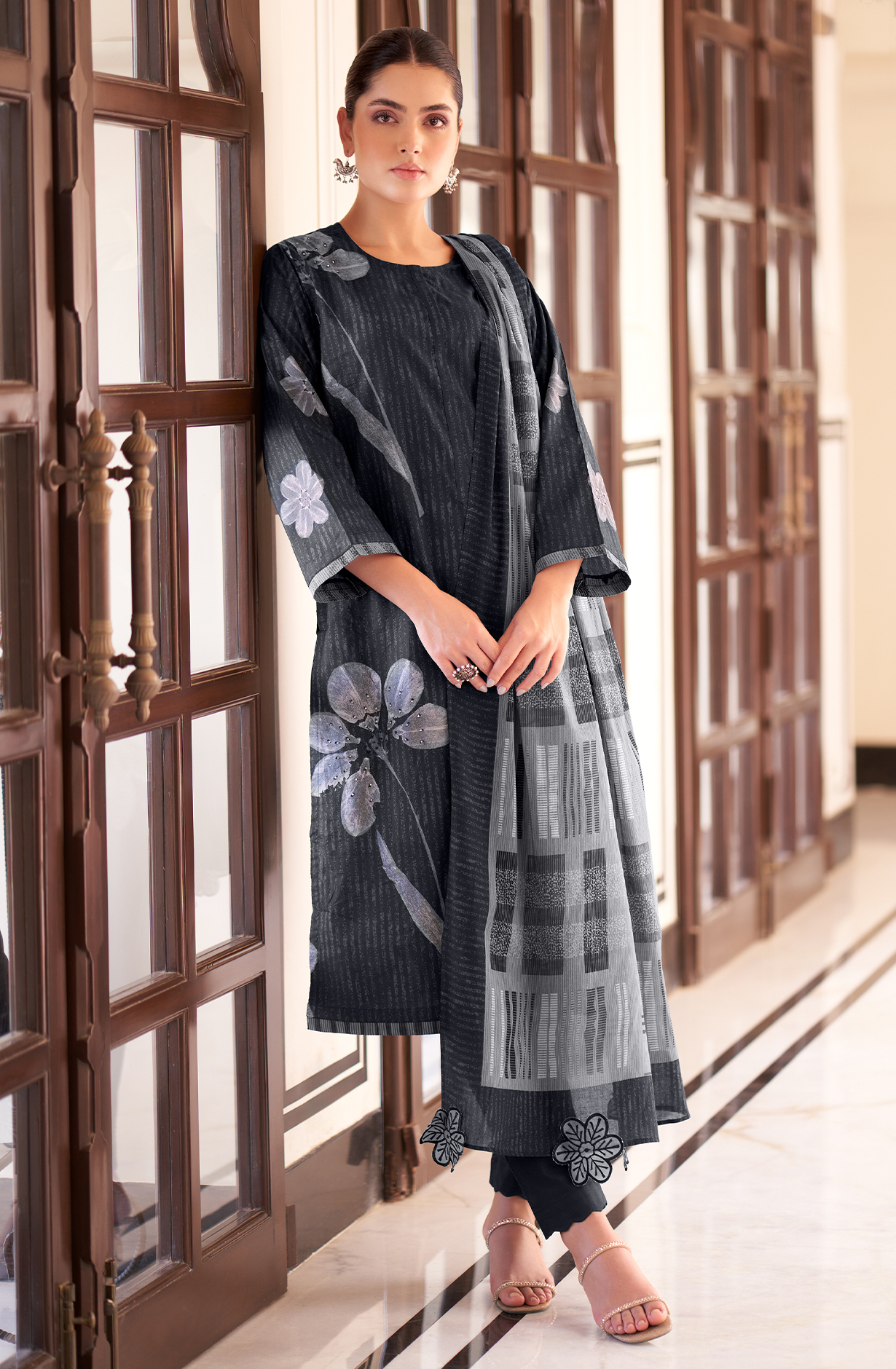 Beautiful Black Cotton Digital Printed Salwar Suit with Handwork - SAN3391