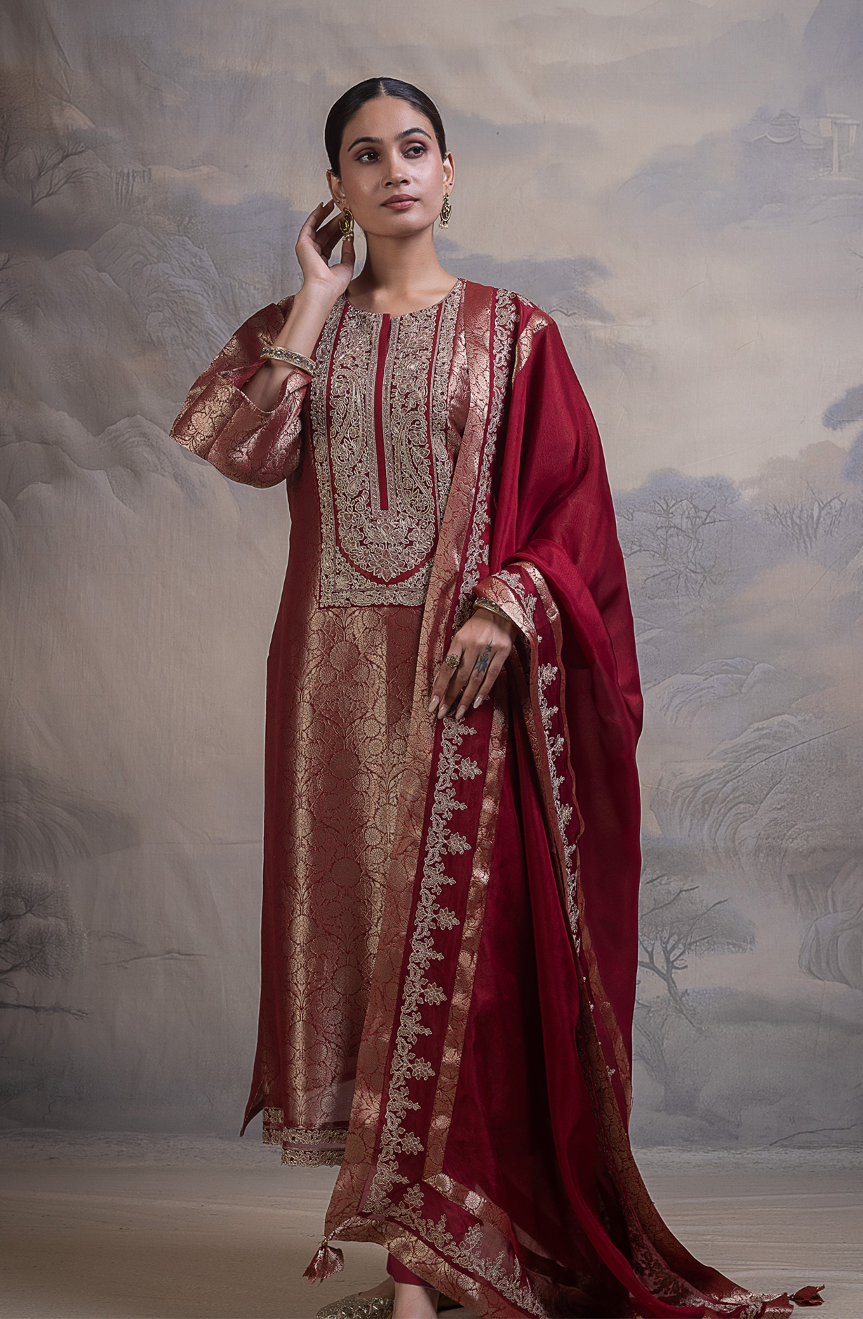 Maroon Ziraf Silk Jacquard Unstitched Suit with Beautiful Silk Dupatta- R157-SPR2794