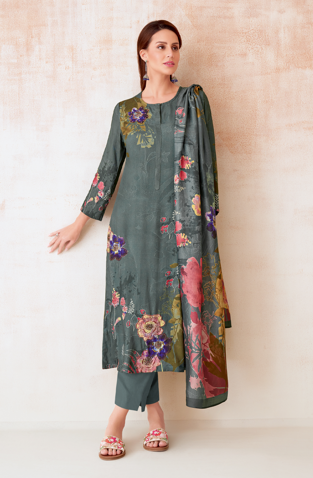 Pastel Green Pashmina Beautiful Printed Suit with Embroidery Work - ECO235