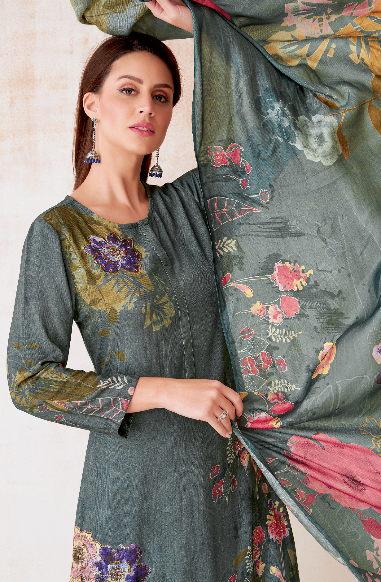 Pastel Green Pashmina Beautiful Printed Suit with Embroidery Work - ECO235