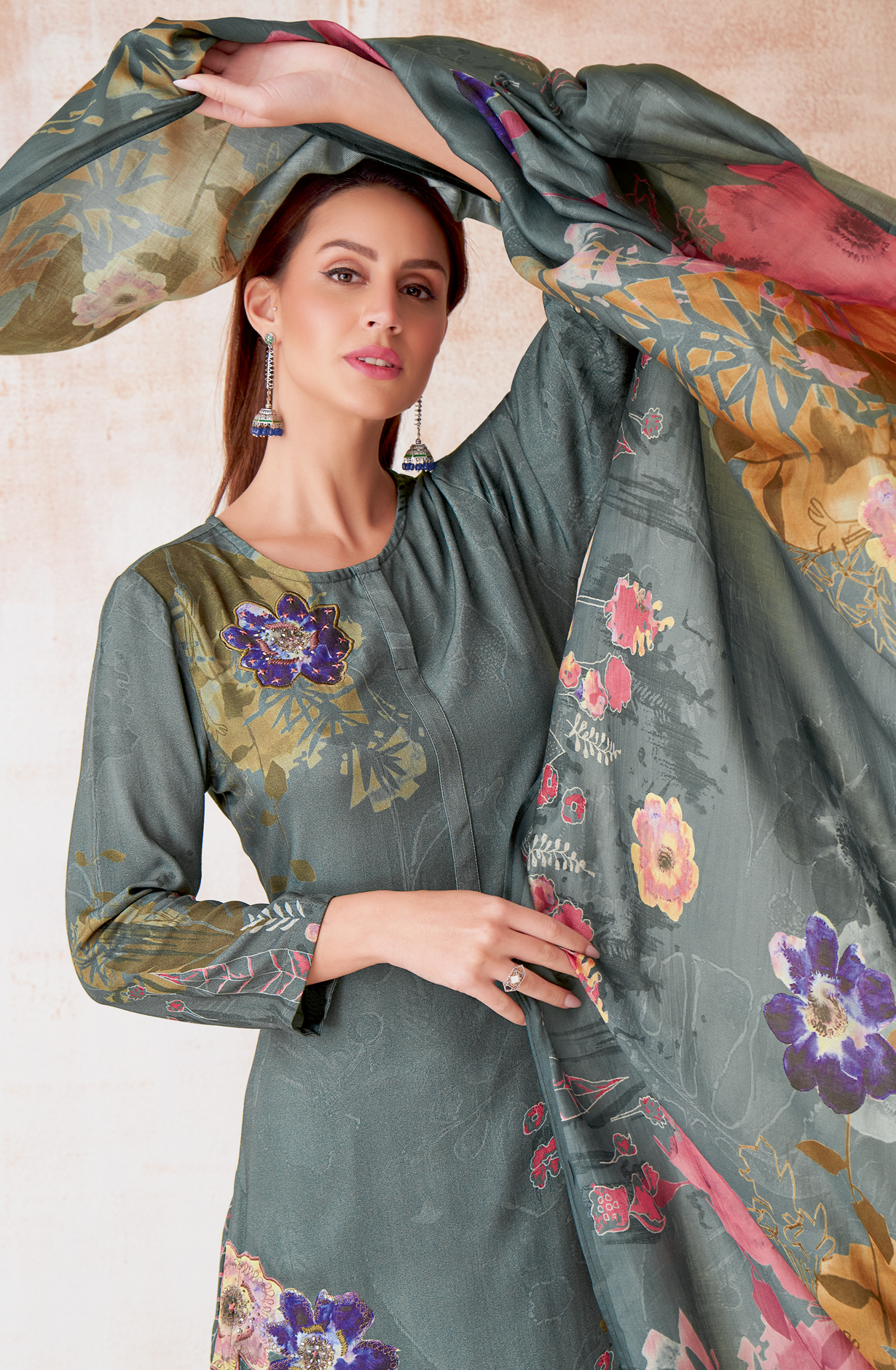 Pastel Green Pashmina Beautiful Printed Suit with Embroidery Work - ECO235