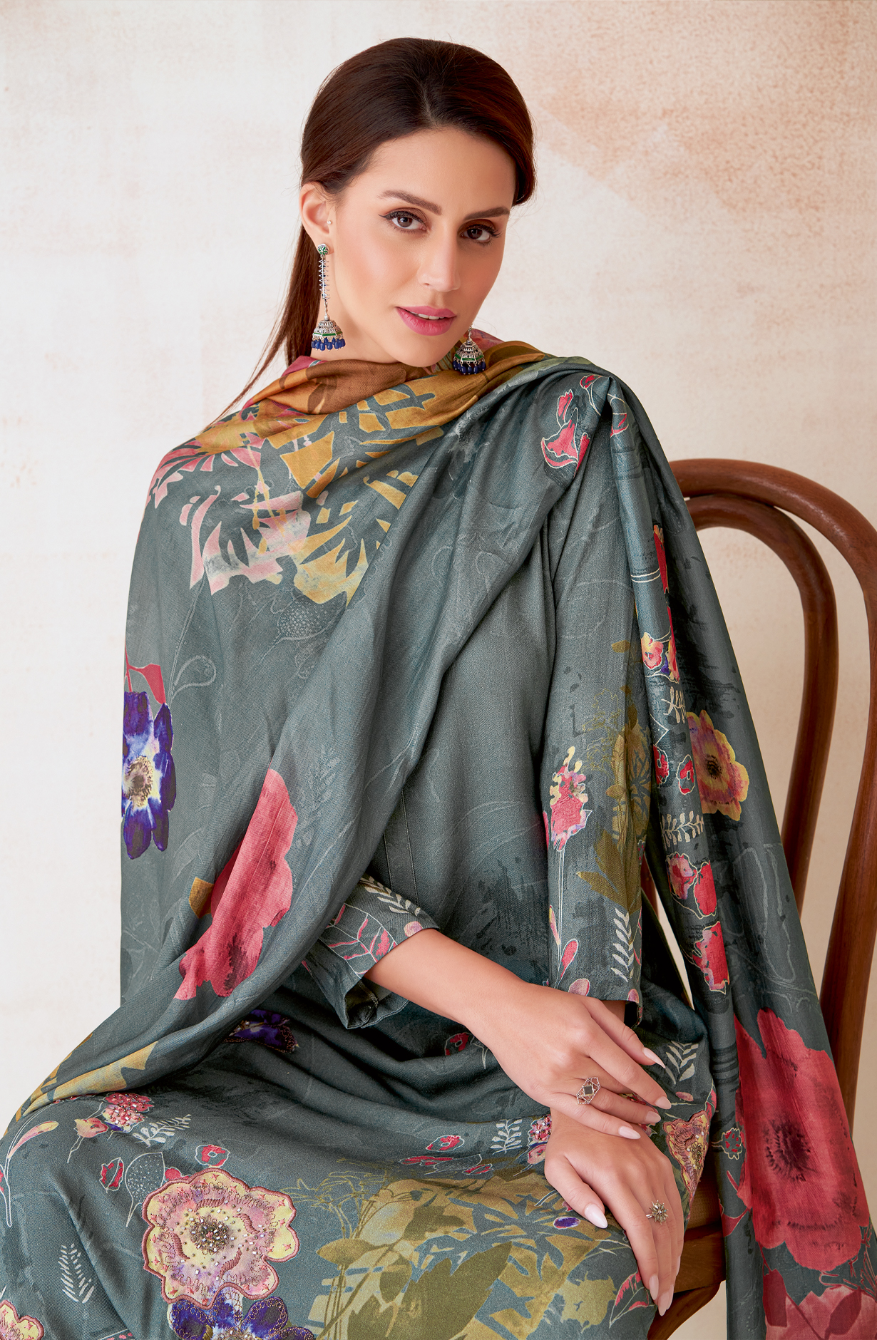 Pastel Green Pashmina Beautiful Printed Suit with Embroidery Work - ECO235