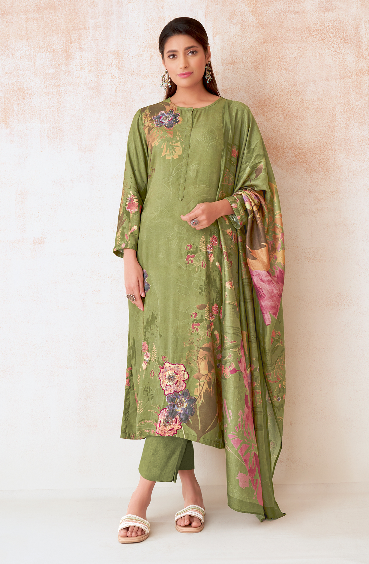 Mehndi Green Pashmina Beautiful Printed Suit with Embroidery Work - ECO240