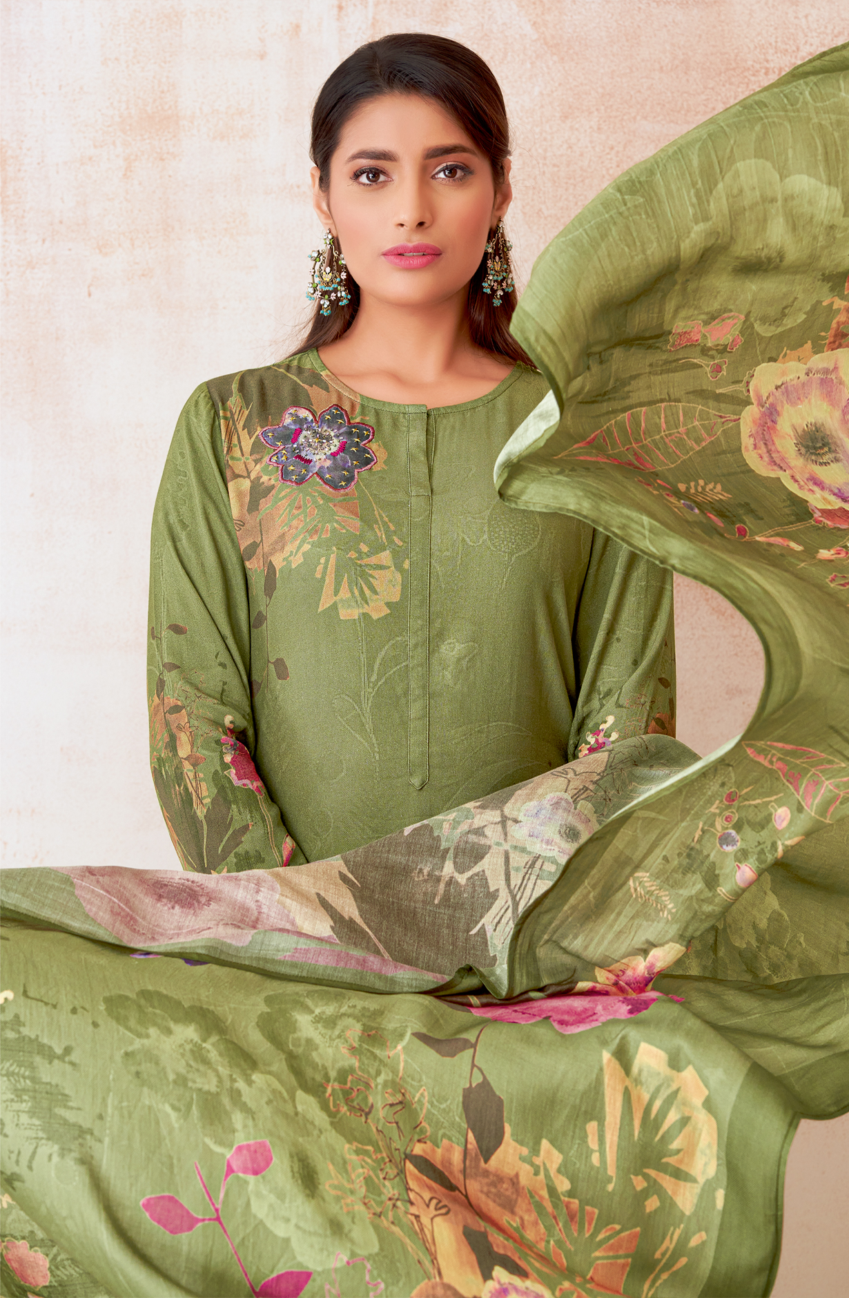 Mehndi Green Pashmina Beautiful Printed Suit with Embroidery Work - ECO240