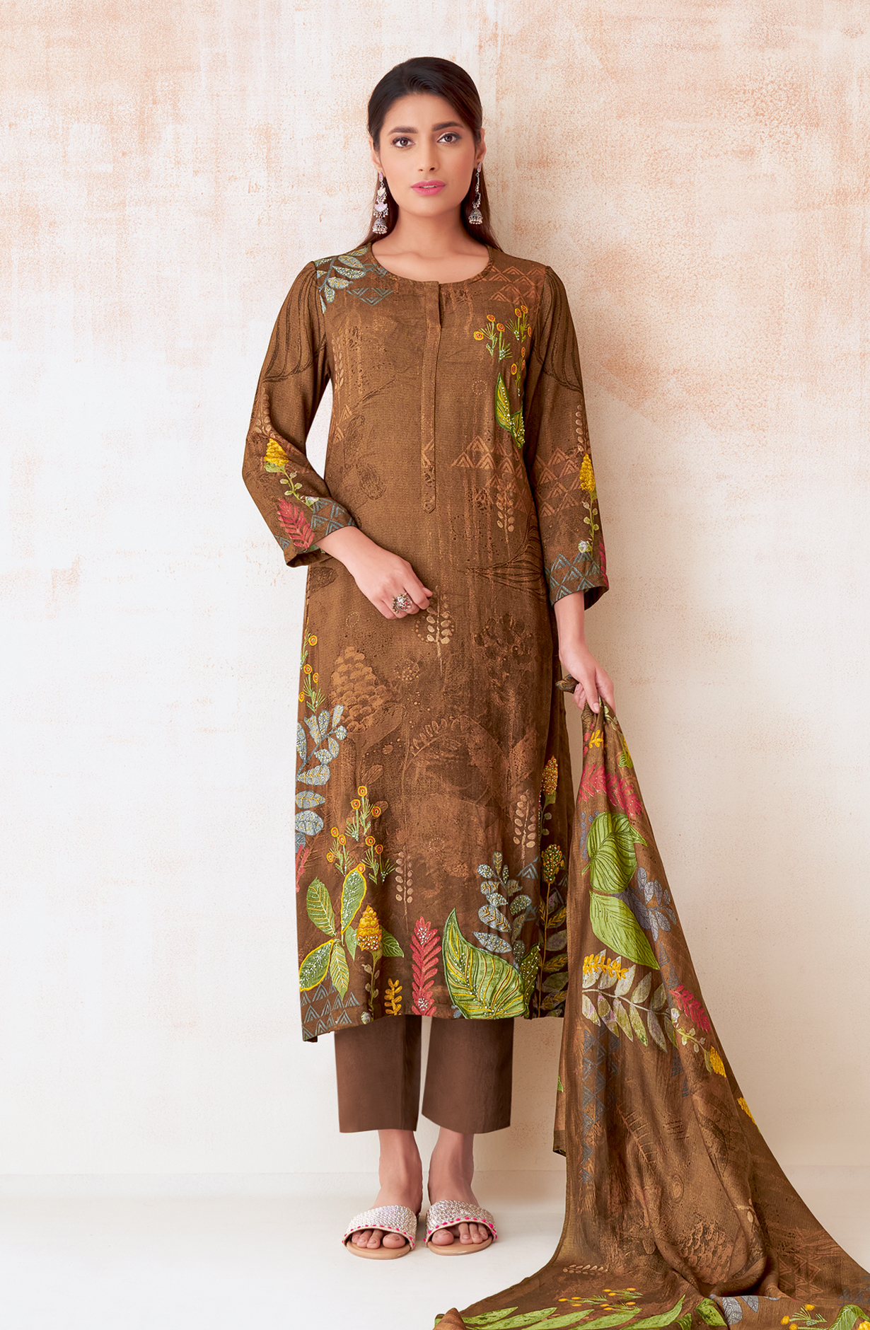 Coffee Brown Pashmina Beautiful Printed Suit with Embroidery Work - ECO248