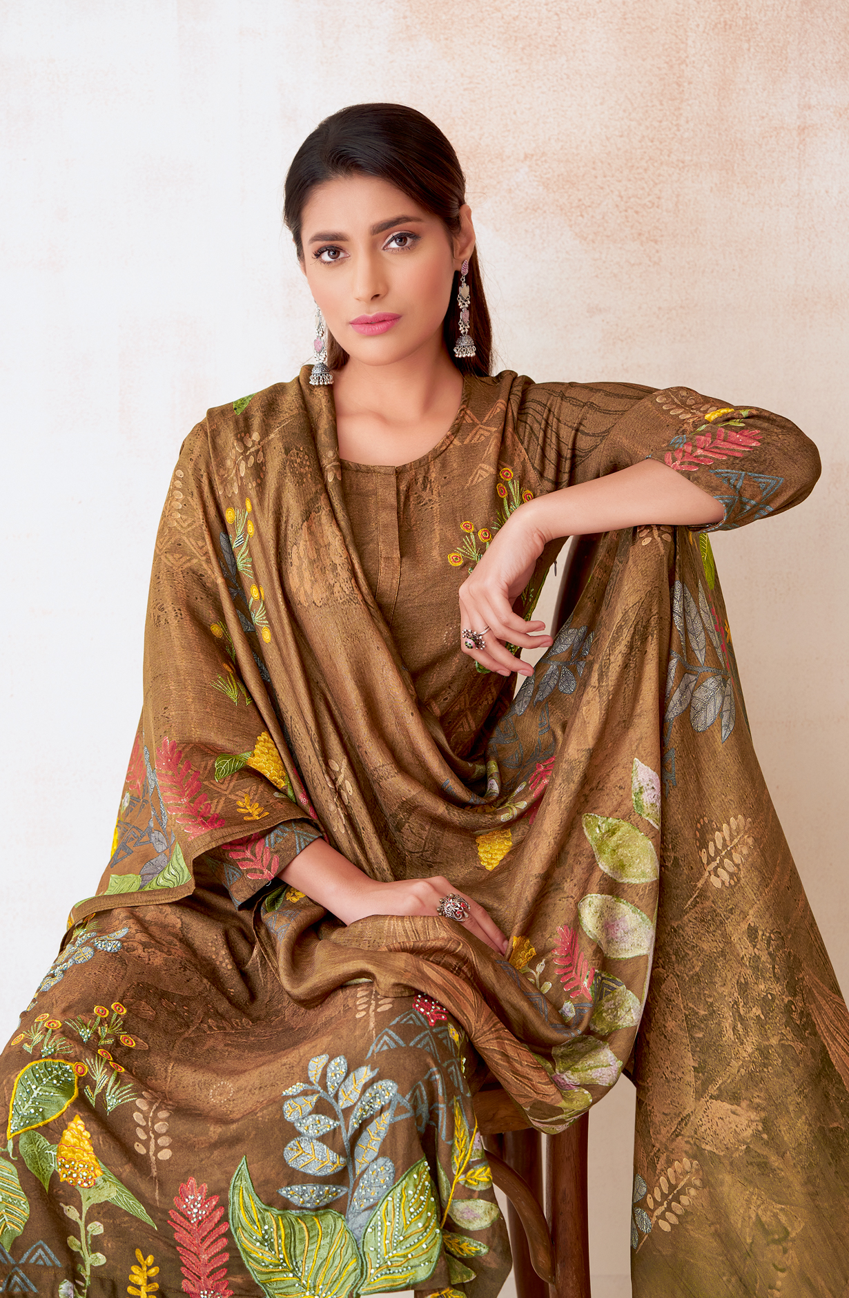 Coffee Brown Pashmina Beautiful Printed Suit with Embroidery Work - ECO248