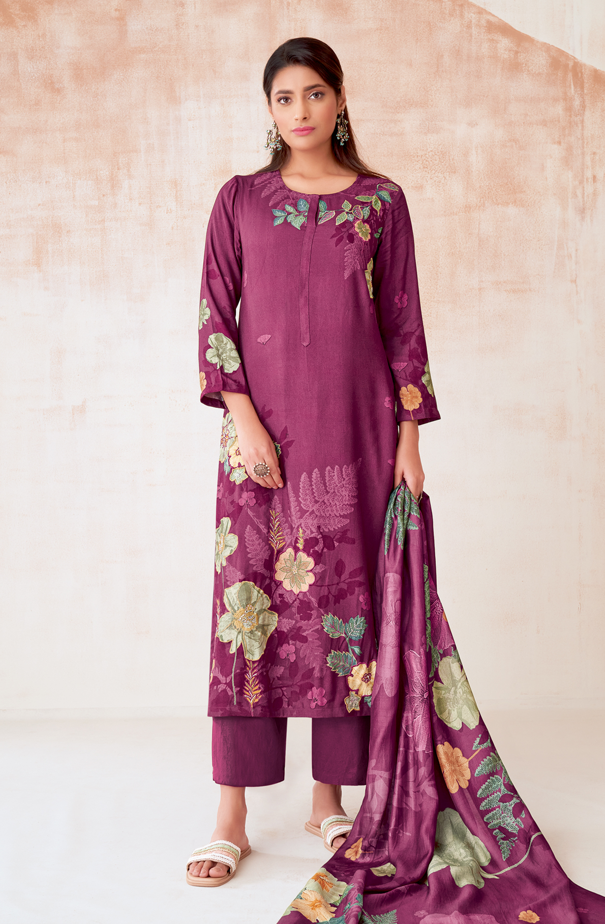 Purple Pashmina Beautiful Printed Suit with Embroidery Work - ECO258