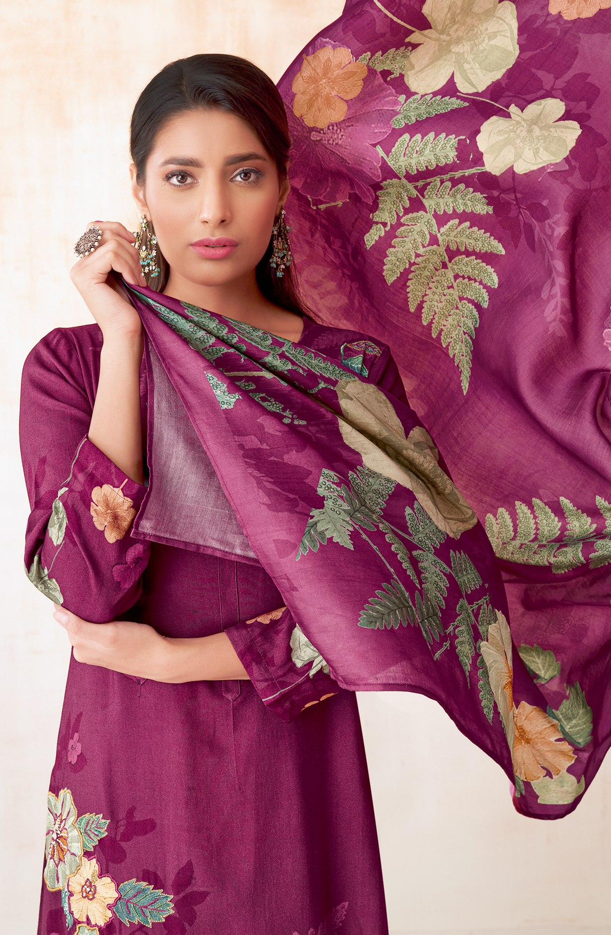 Purple Pashmina Beautiful Printed Suit with Embroidery Work - ECO258