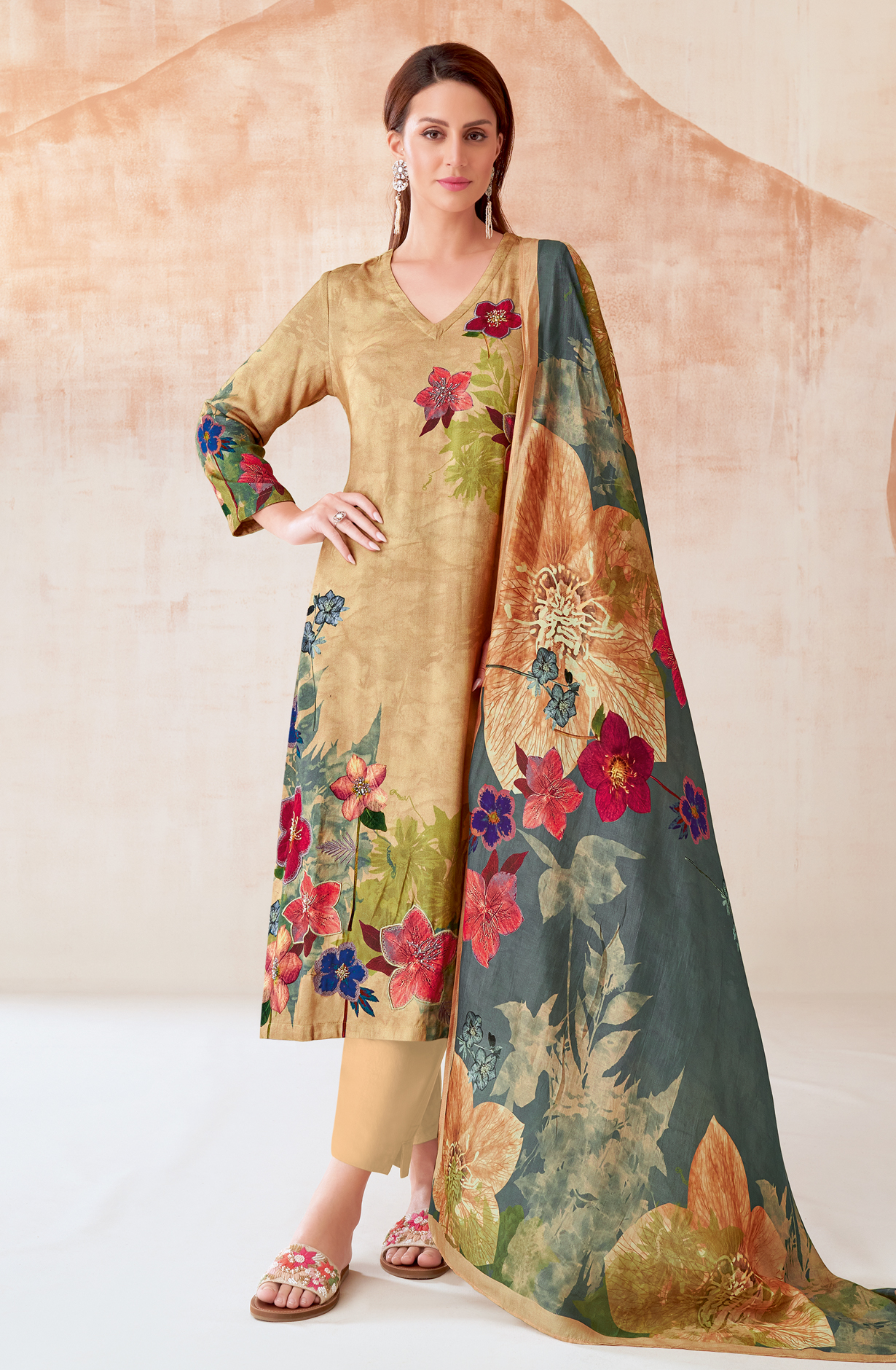 Fawn Pashmina Beautiful Printed Suit with Embroidery Work - ECO262