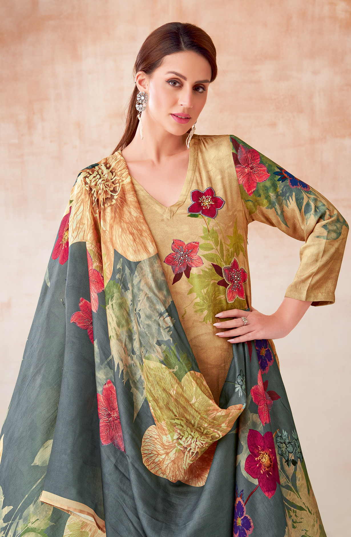 Fawn Pashmina Beautiful Printed Suit with Embroidery Work - ECO262
