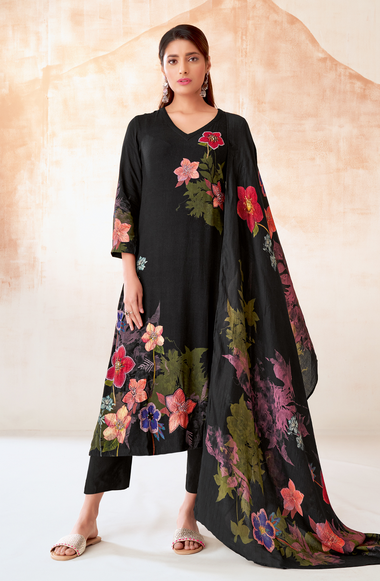 Black Pashmina Beautiful Printed Suit with Embroidery Work - ECO275