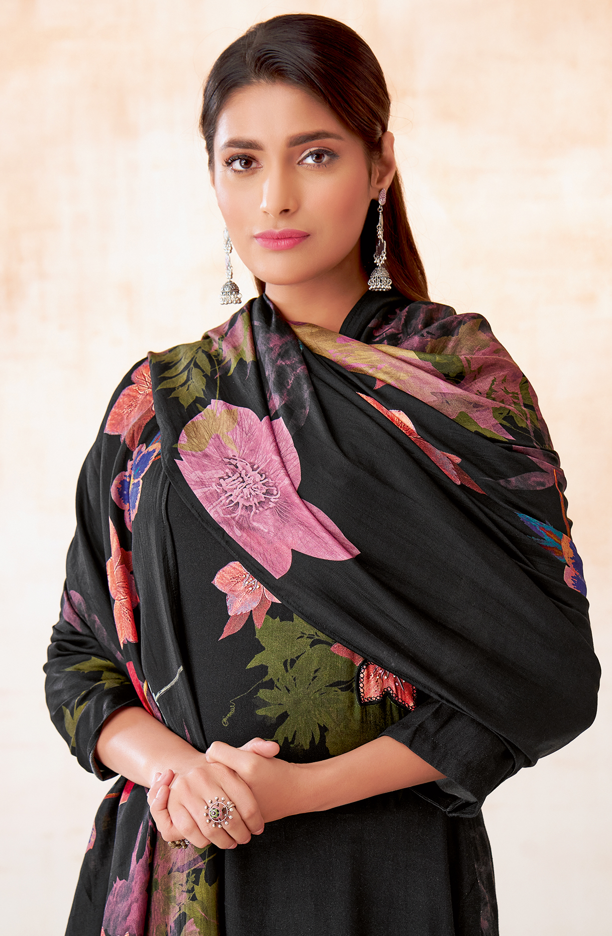 Black Pashmina Beautiful Printed Suit with Embroidery Work - ECO275