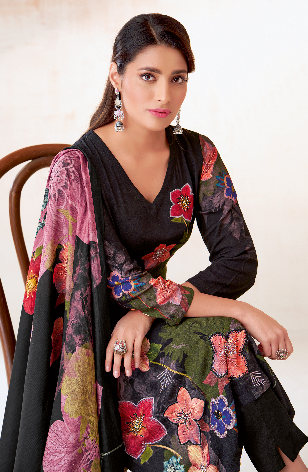 Black Pashmina Beautiful Printed Suit with Embroidery Work - ECO275