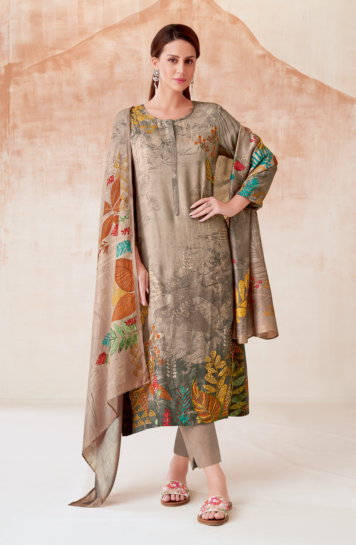 Grey Pashmina Beautiful Printed Suit with Embroidery Work - ECO279