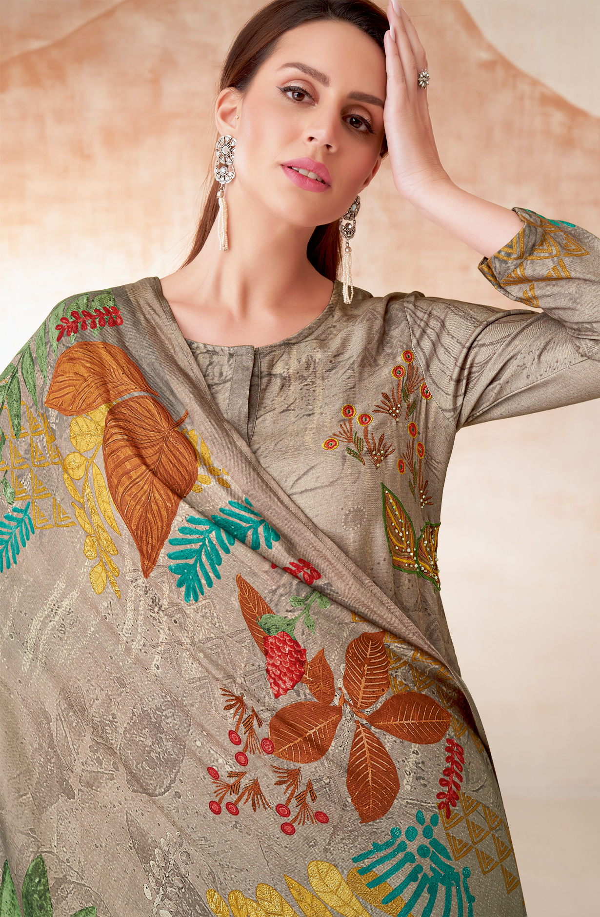 Grey Pashmina Beautiful Printed Suit with Embroidery Work - ECO279