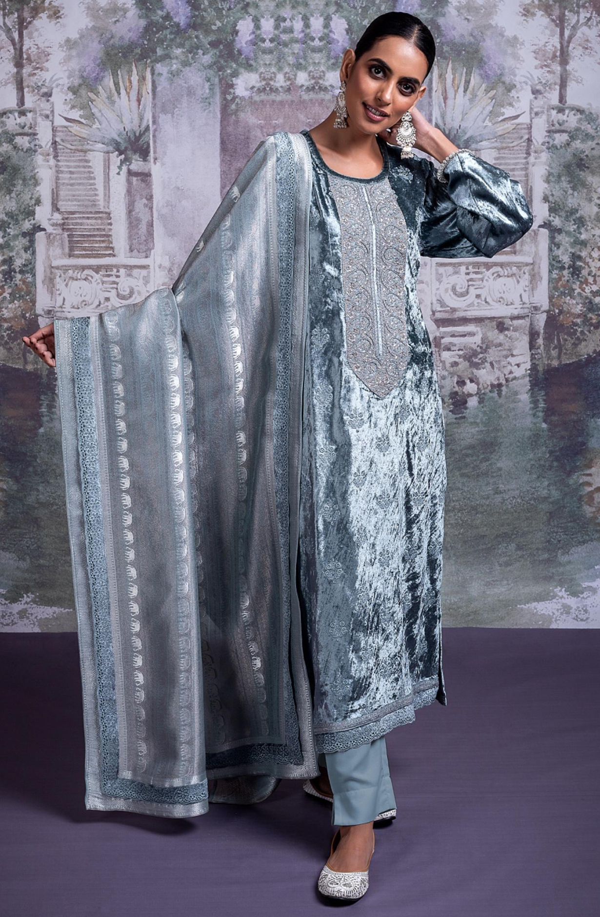 Pure Velvet Suit with Embroidery and Handwork Suit Set- ELA2339A