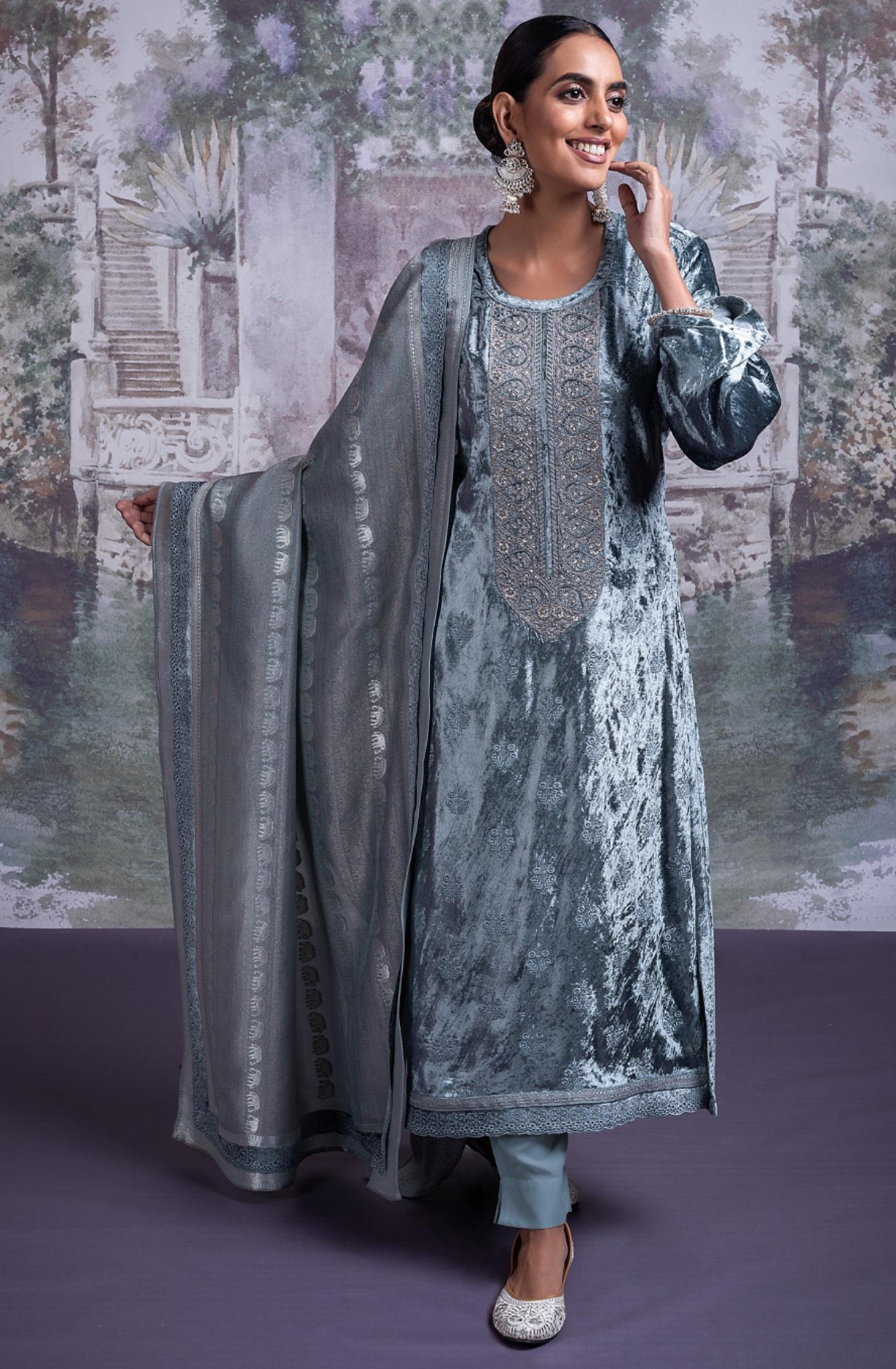 Pure Velvet Suit with Embroidery and Handwork Suit Set- ELA2339A