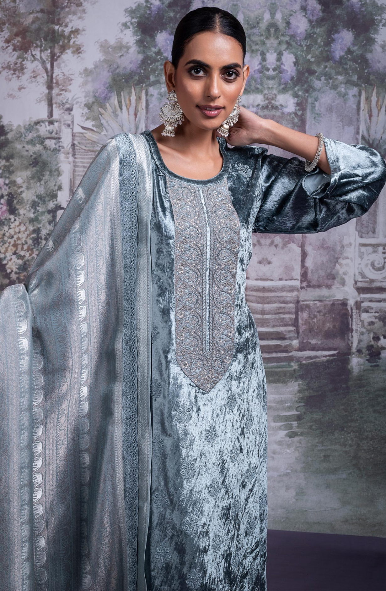 Pure Velvet Suit with Embroidery and Handwork Suit Set- ELA2339A