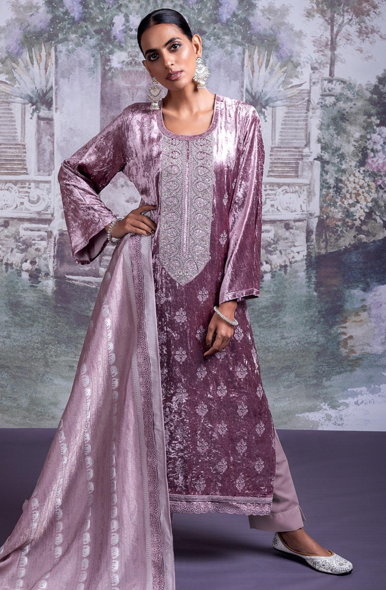 Pure Velvet Suit with Embroidery and Handwork Suit Set- ELA2339B