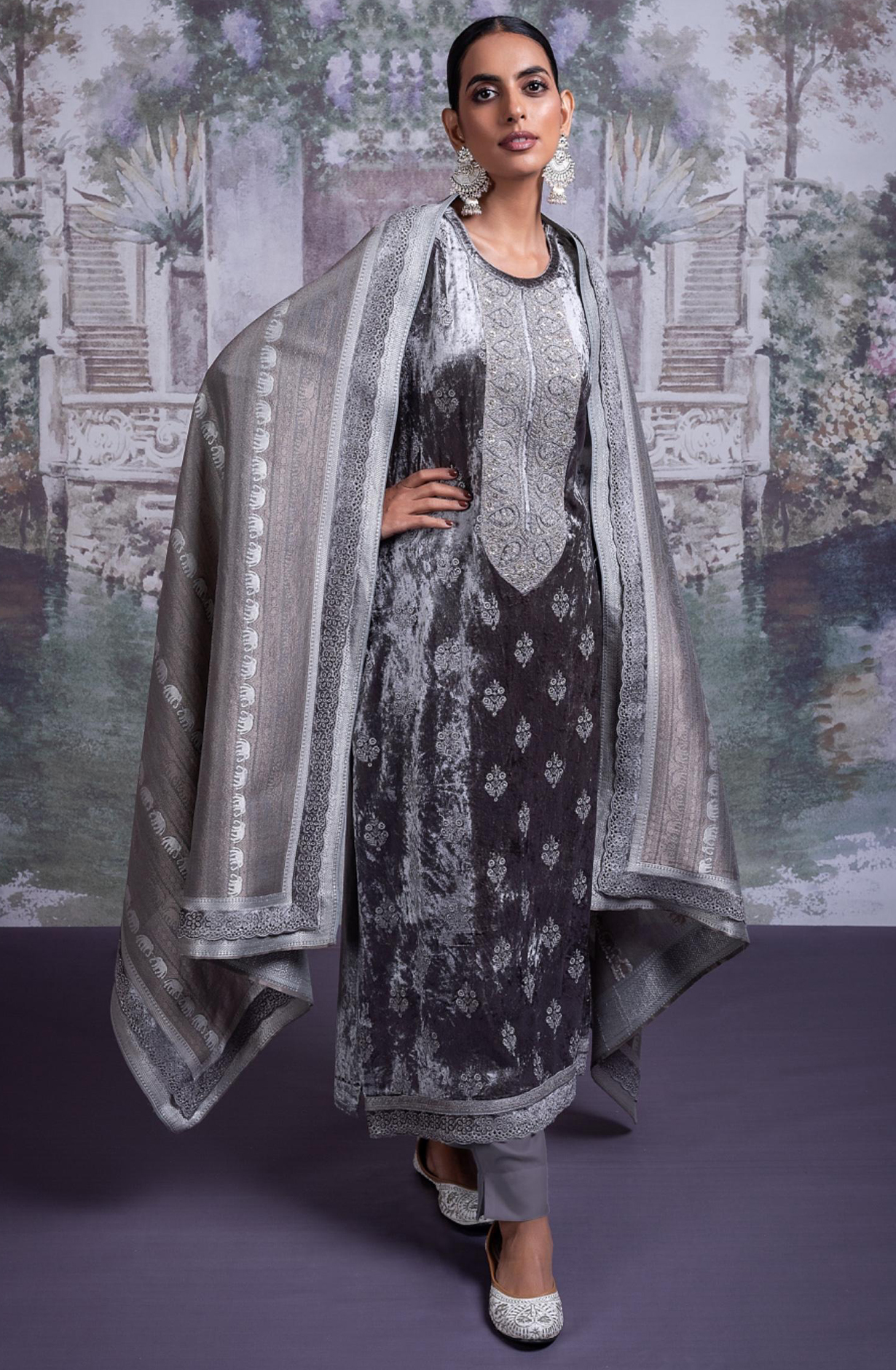 Pure Velvet Suit with Embroidery and Handwork Suit Set- ELA2339C